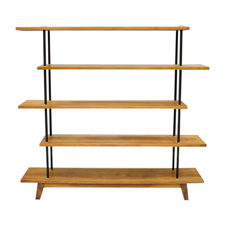 Free Standing Shelf or Étagère in Teak Wood, Brass and Metal, 1950s For Sale