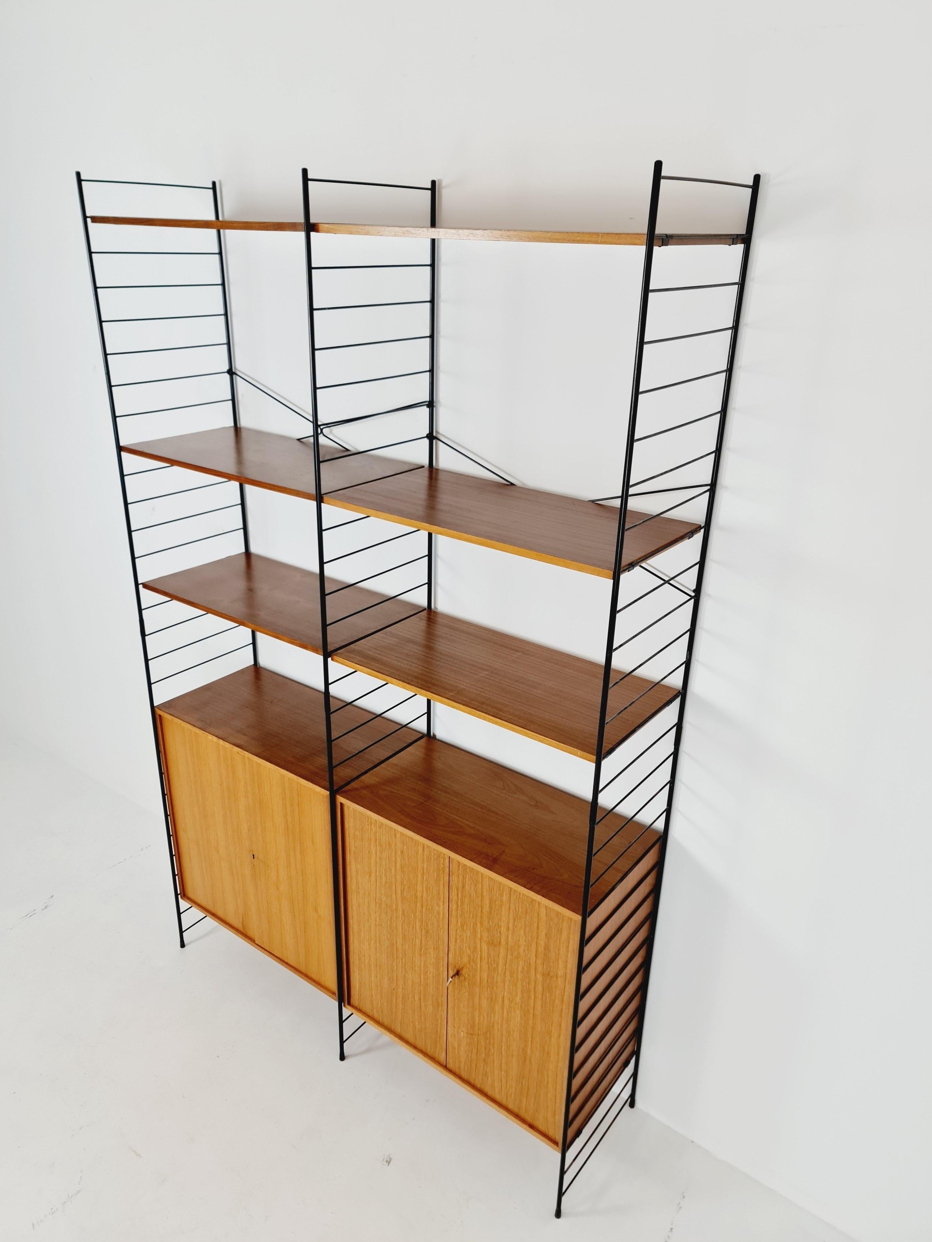 Mid-20th Century Free Standing String Shelving System, Teak Bookcase with Cabinet by Whb Germany For Sale