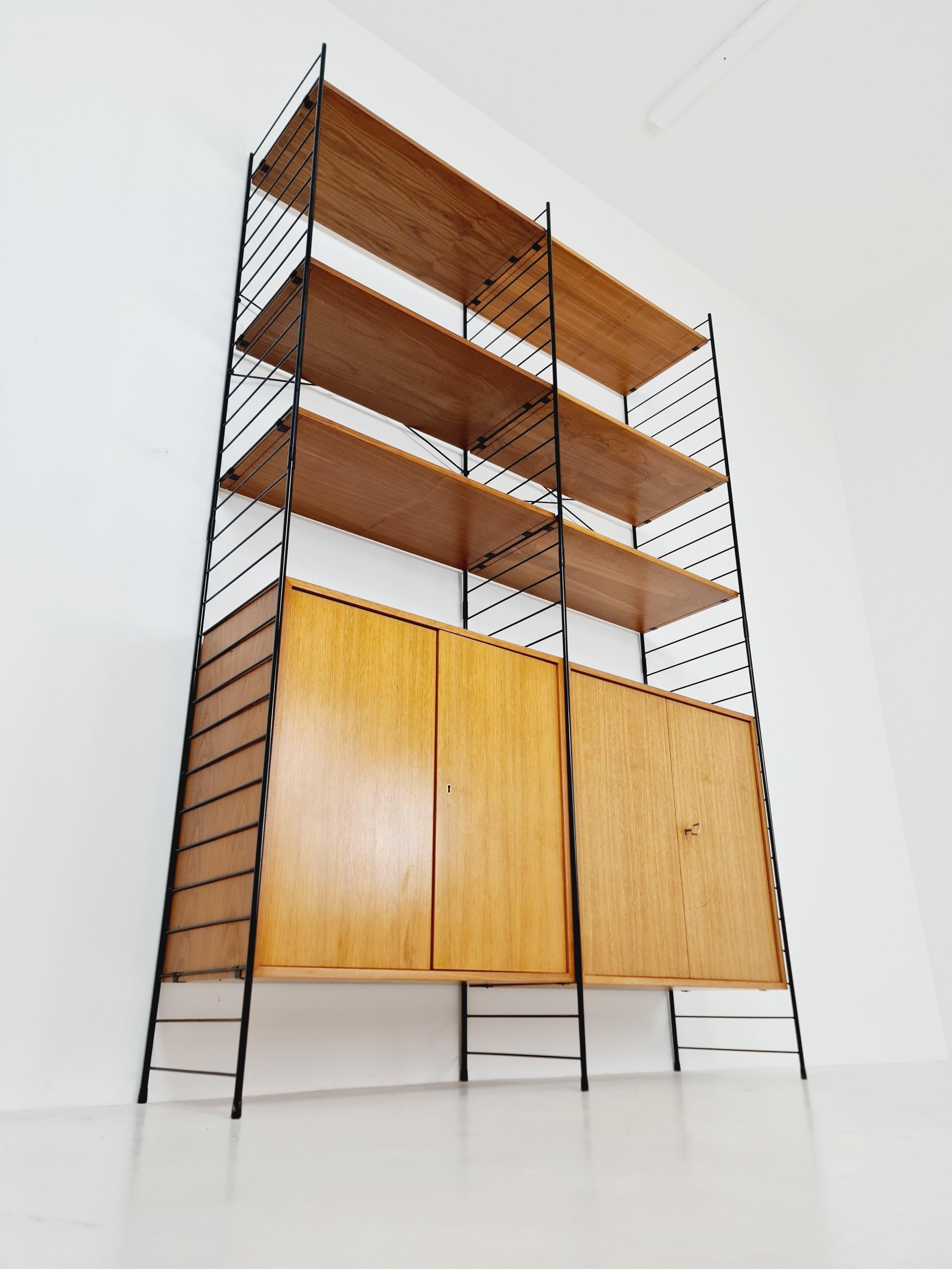 Free Standing String Shelving System, Teak Bookcase with Cabinet by Whb Germany For Sale 1