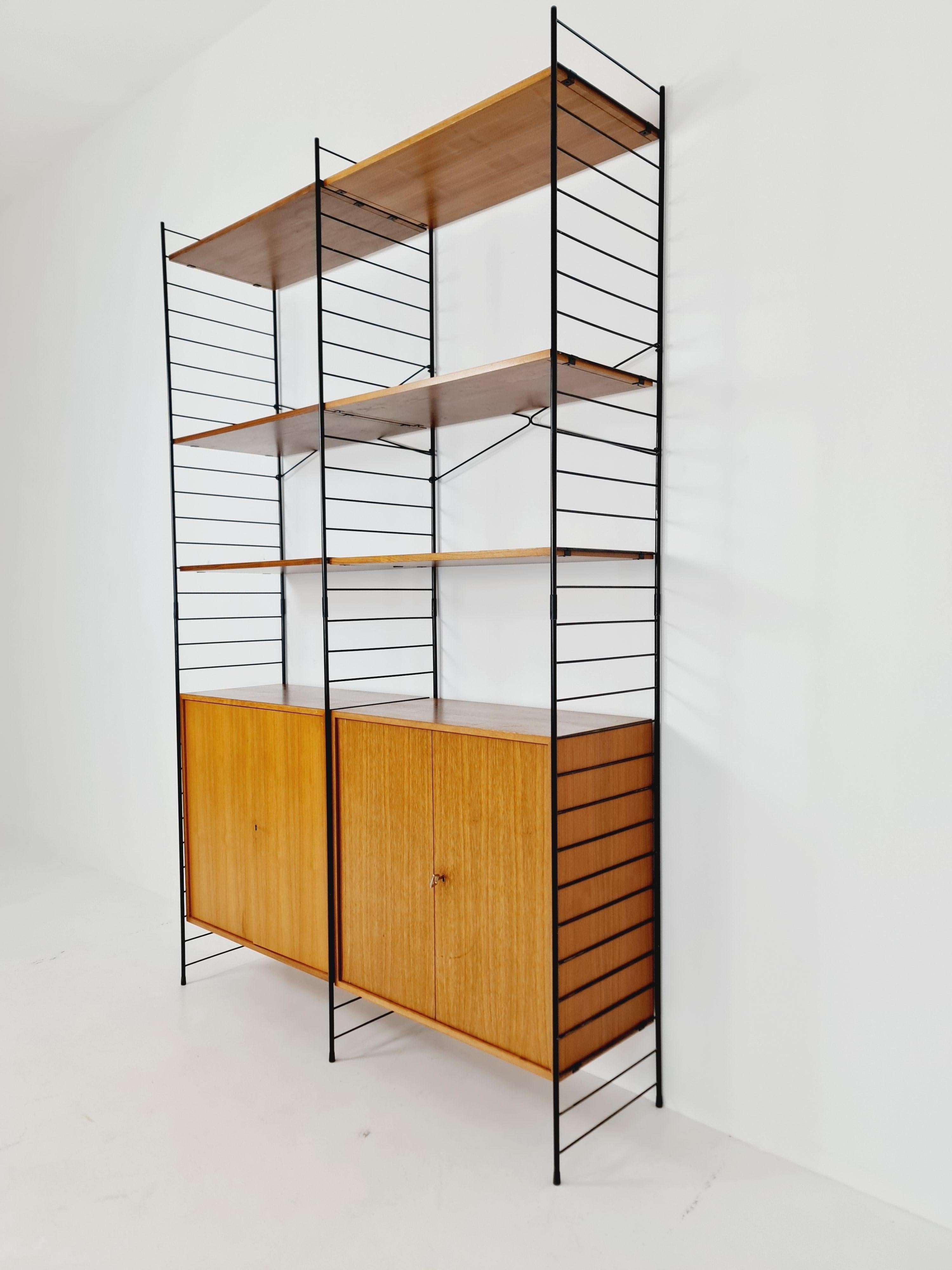 Free Standing String Shelving System, Teak Bookcase with Cabinet by Whb Germany For Sale 3