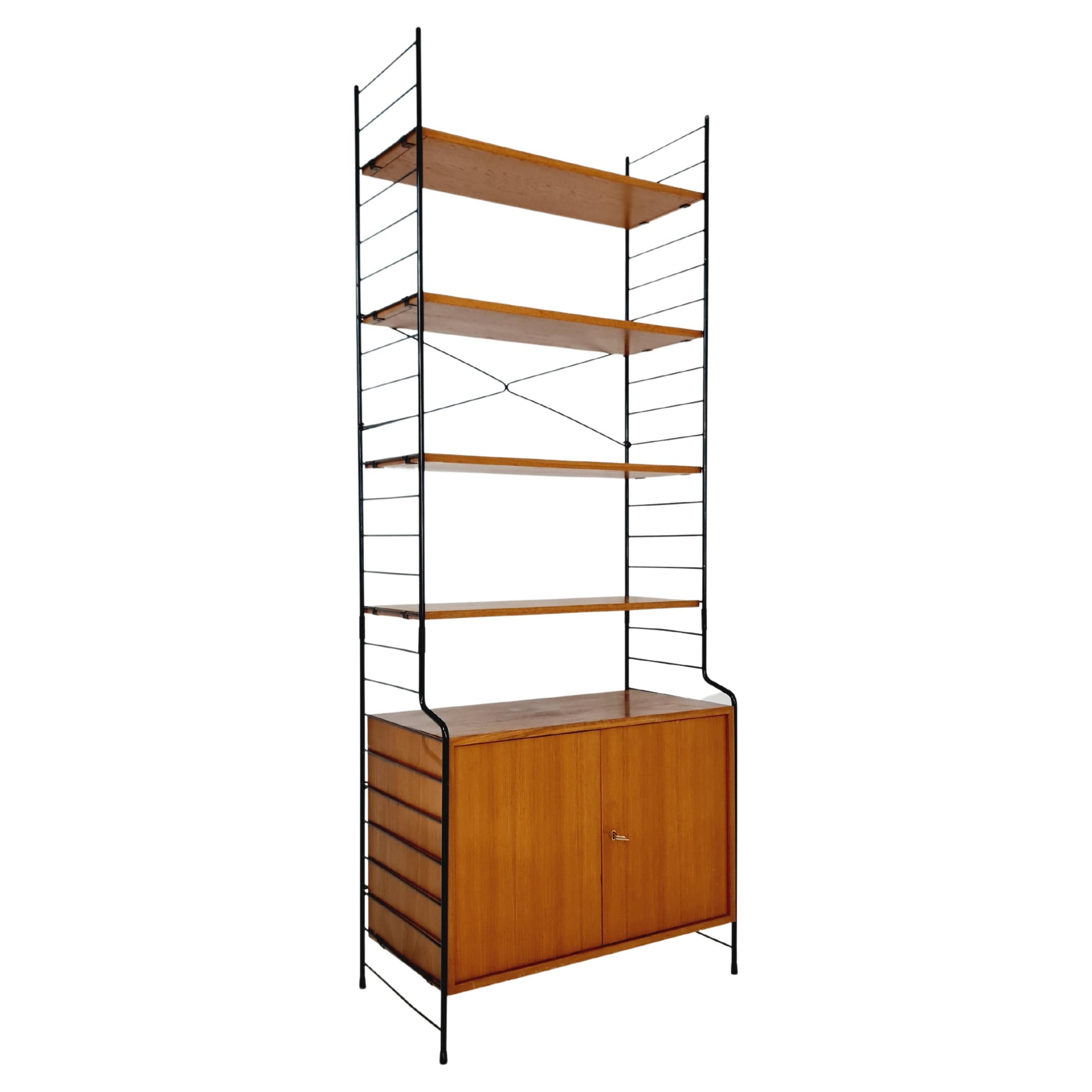 Free Standing String Shelving System, Teak Bookcase with Cabinet by Whb Germany