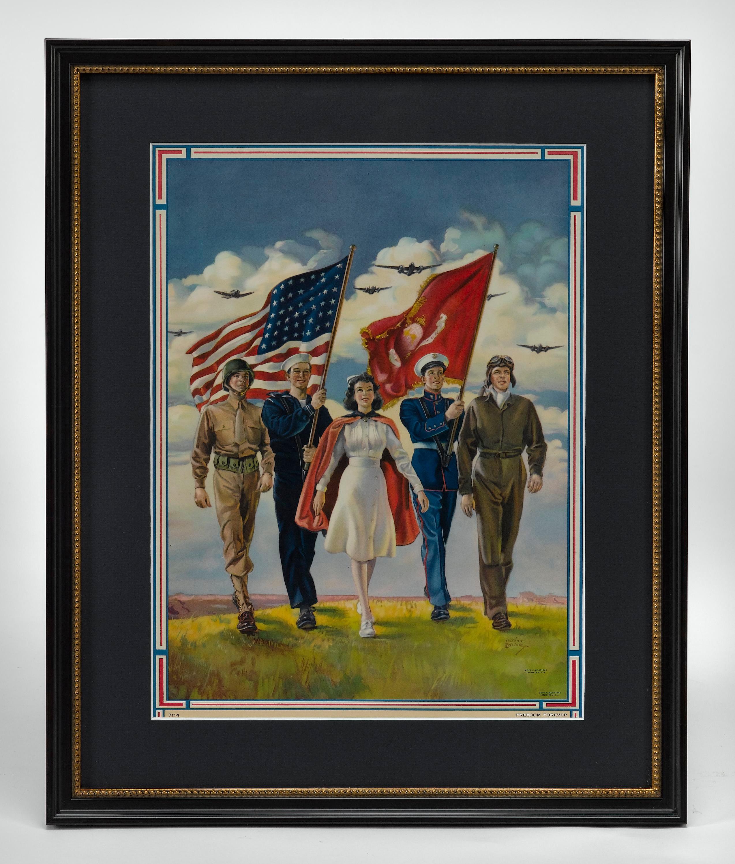Presented is an original WWII poster by Bettina Steinke. The poster depicts, from left to right, an American Army soldier, a Navy man, a nurse, a Marine, and a pilot. The Navy man carries a waving American flag on a flag pole. The Marine carries a