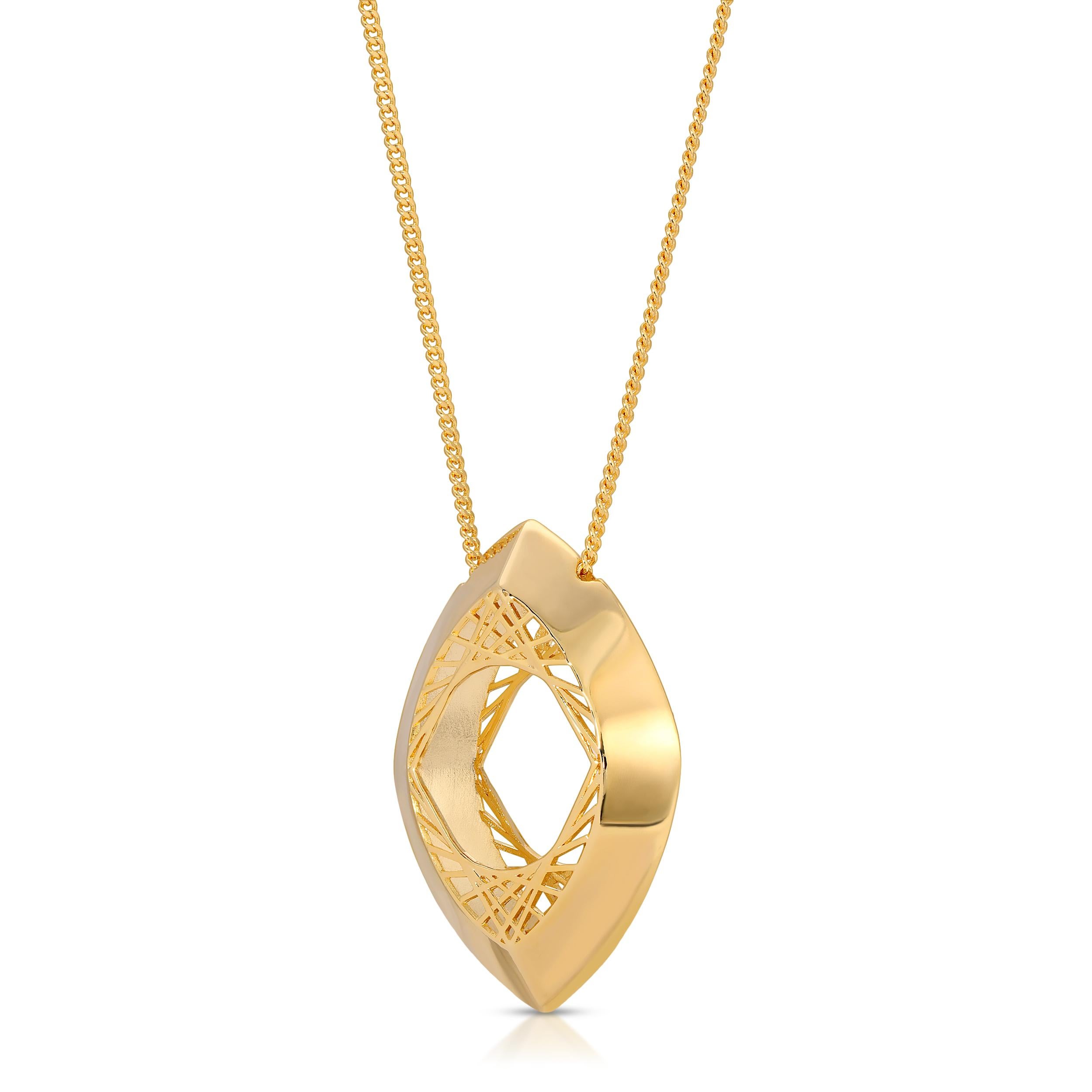 The Freedom Necklace from the Freedom Collection is inspired by Freedom tower in Tehran, Iran. Using mathematics, the detailed geometric pattern is created and finished with smooth and plain outside putting all the attention on the inside.

This