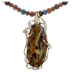 Freeform 14K Gold Pietersite Enhancer Pendant with Diamonds & Kyanite Necklace