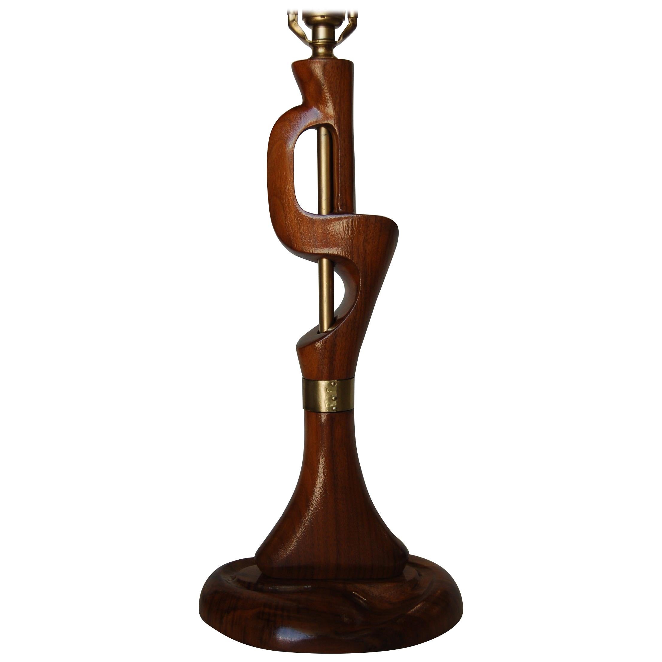 Freeform Abstract Carved Mahogany Table Lamp with Brass Accents, Jascha Heifetz