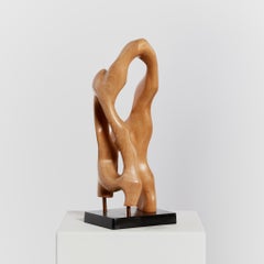 Freeform Abstract Wood Sculpture with Plinth, Signed