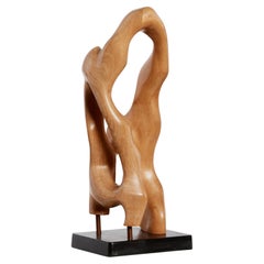 Freeform Abstract Wood Sculpture with Plinth, Signed