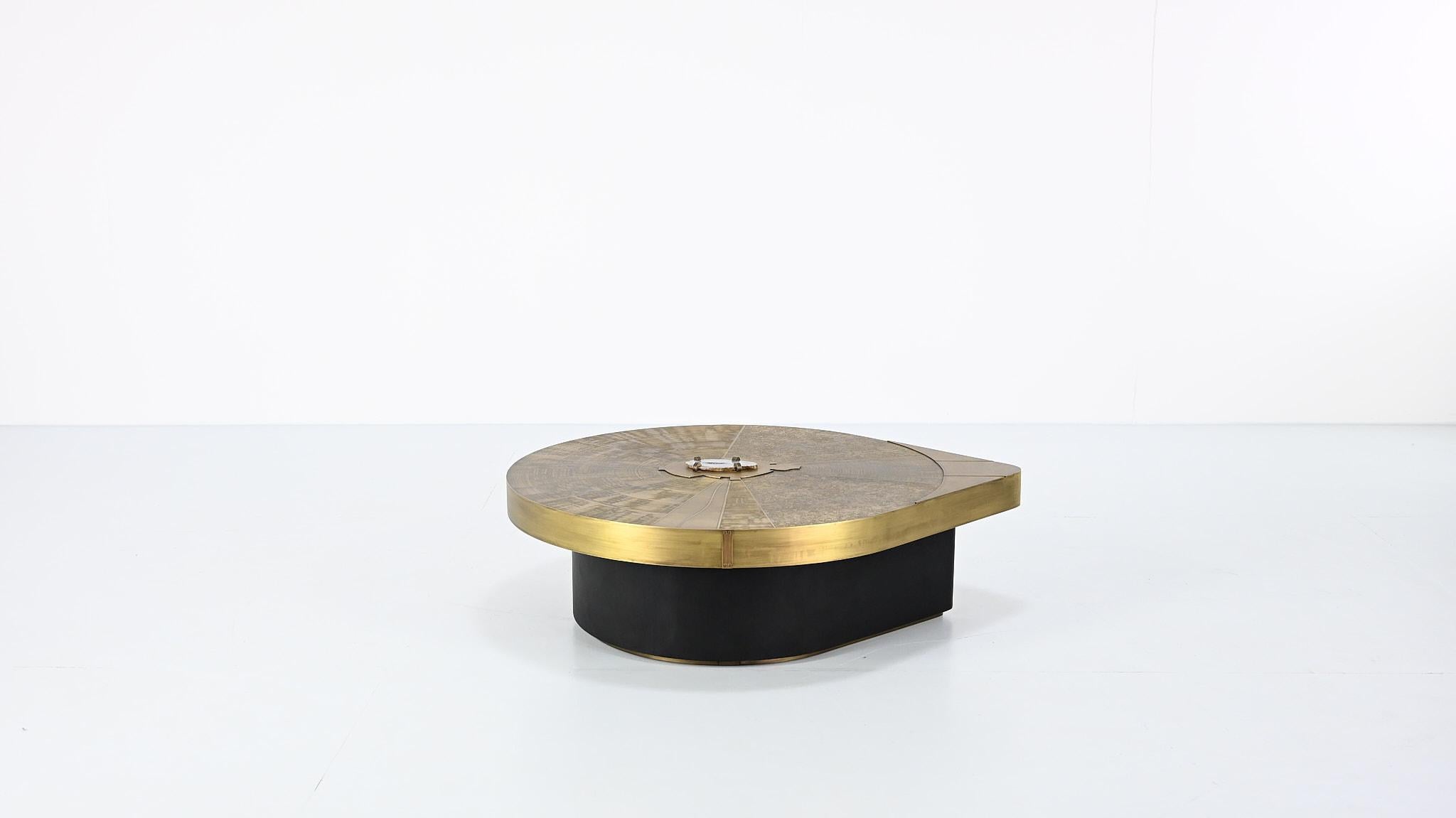 Belgian Freeform acid etched brass and agate stone coffee table