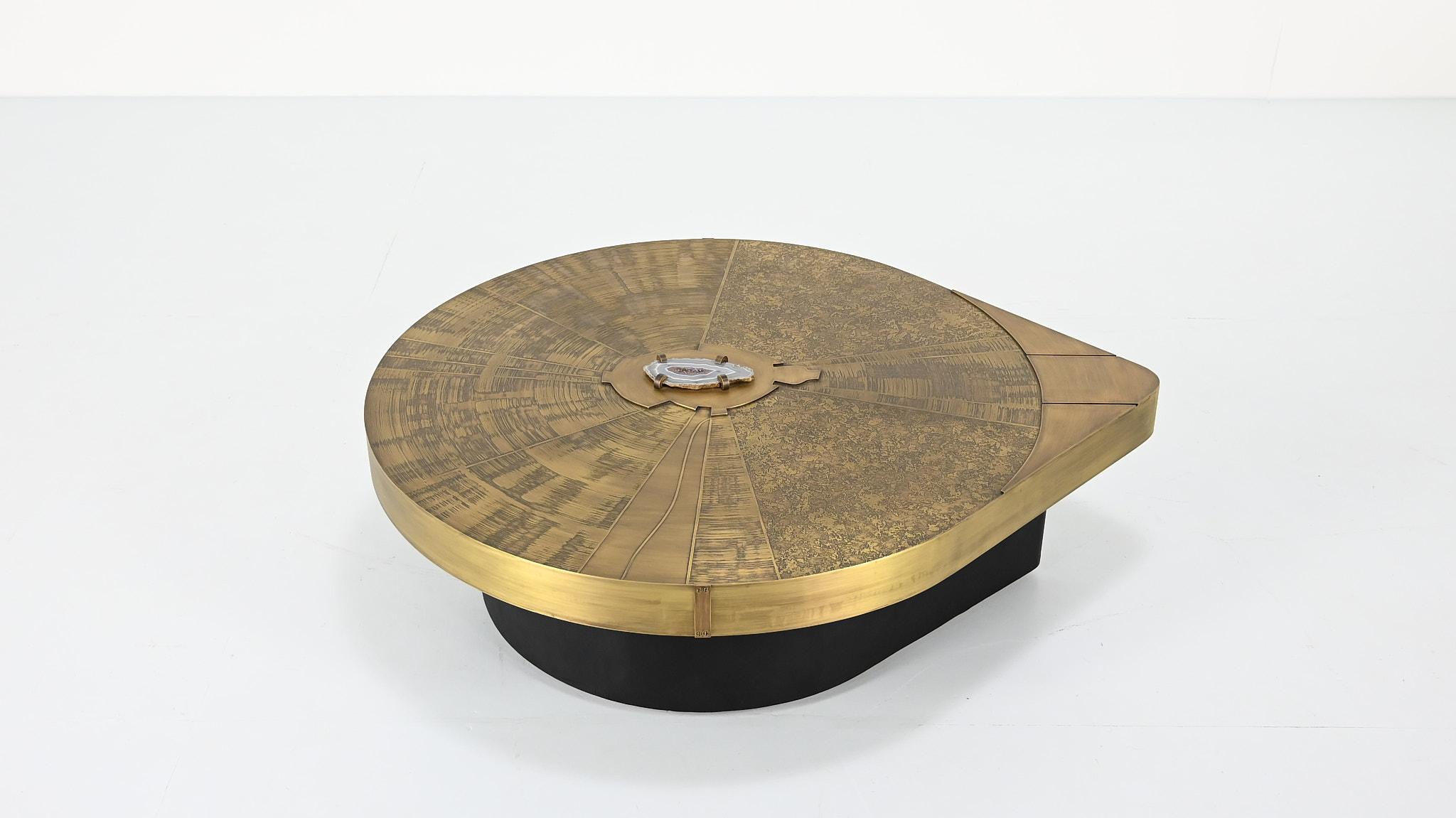 Late 20th Century Freeform acid etched brass and agate stone coffee table