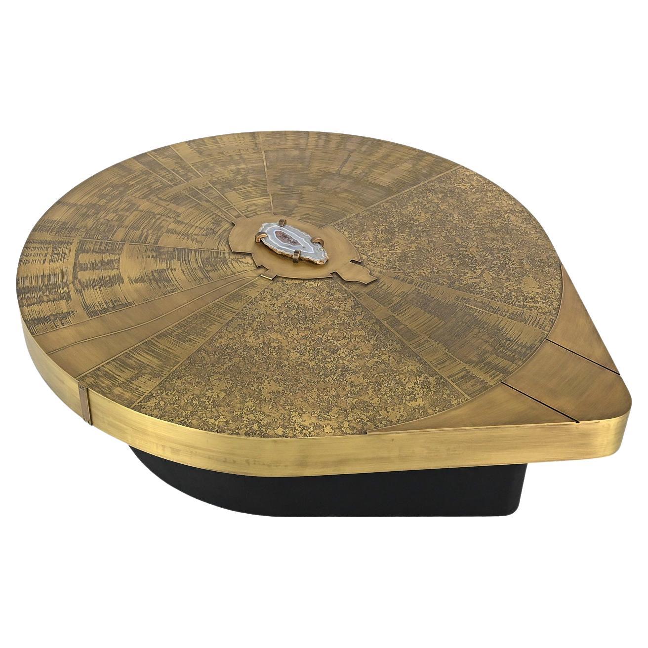 Freeform acid etched brass and agate stone coffee table