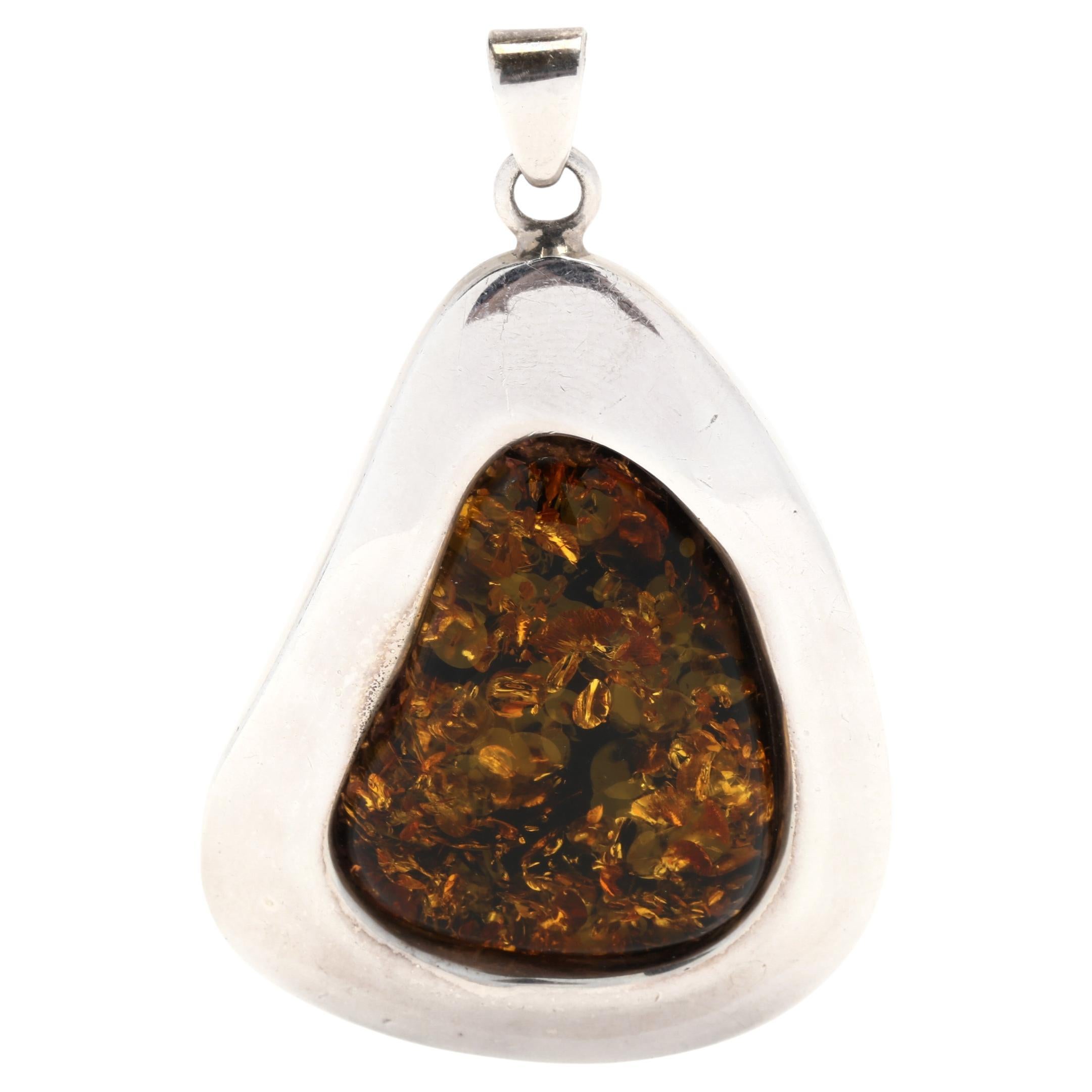 Freeform Amber Pendant, Sterling Silver, Amber Pendant For Sale