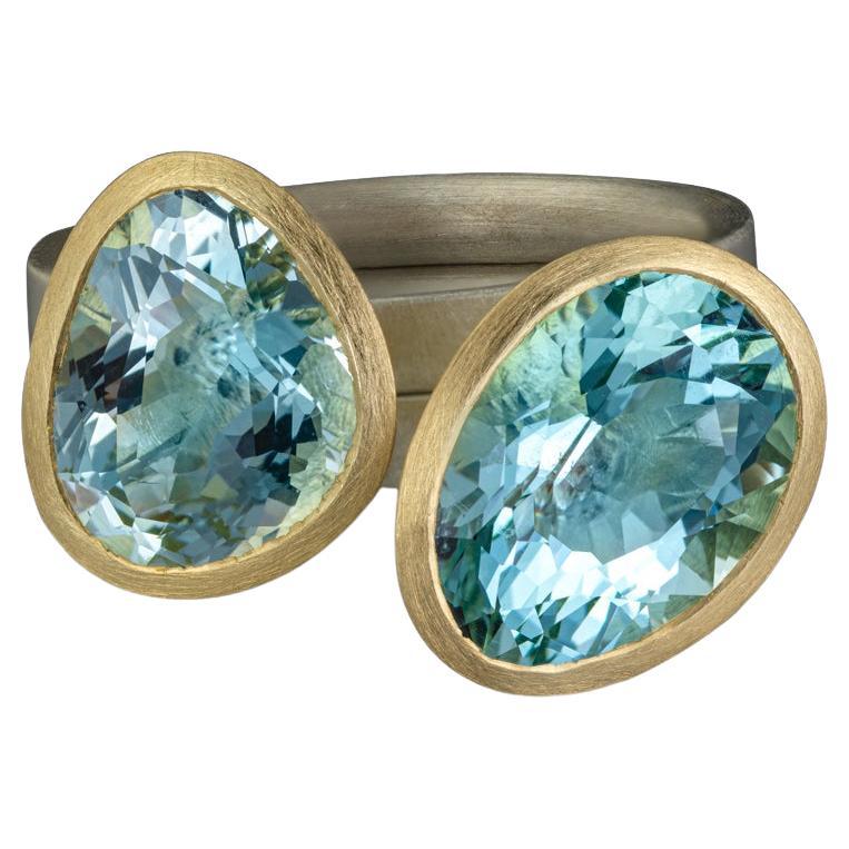 Freeform Aquamarine Multi-Faceted Stones Stacking Rings Set of 2 For Sale