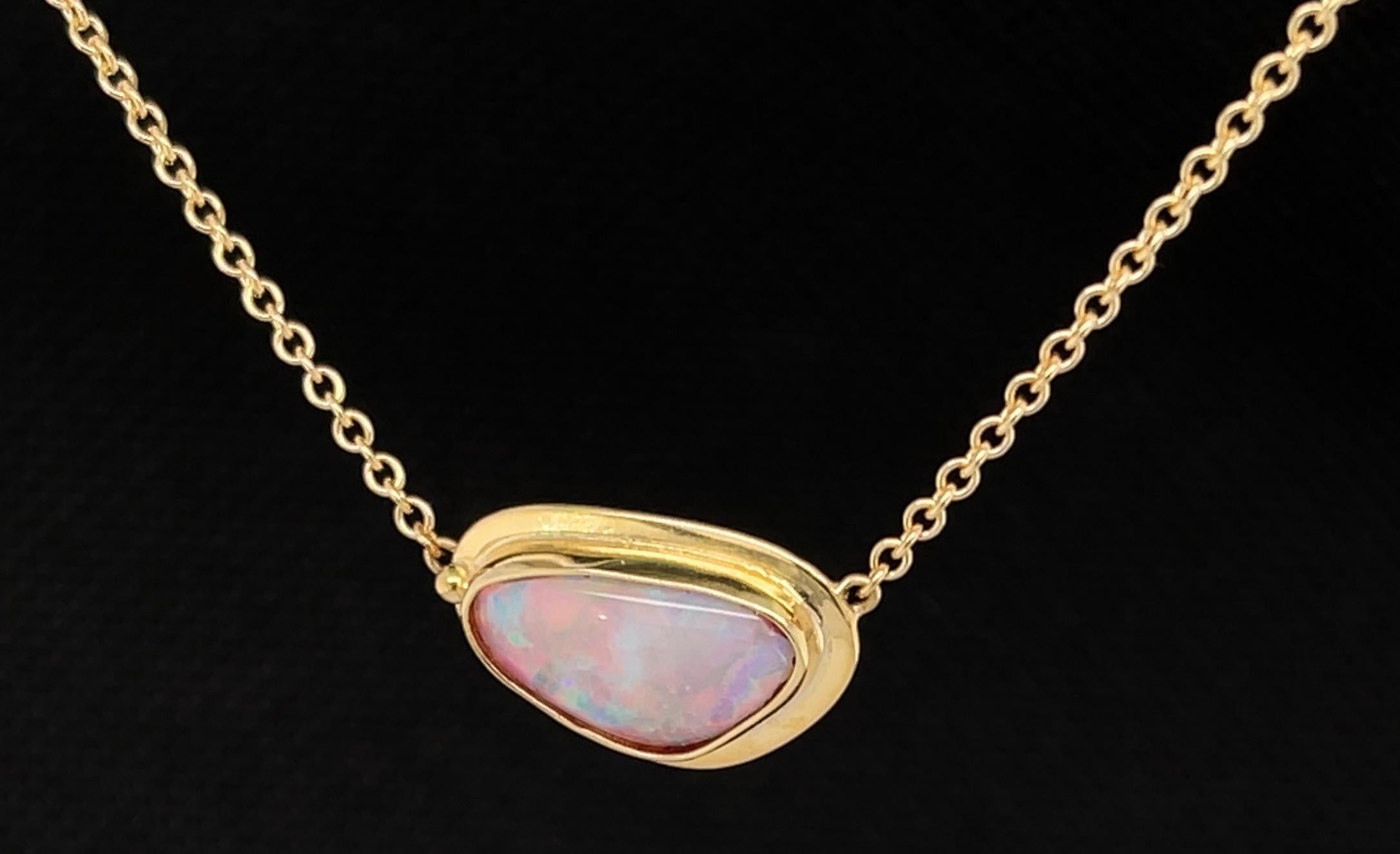 Women's or Men's Bezel Set Freeform Australian Opal Necklace in 18k Yellow Gold  