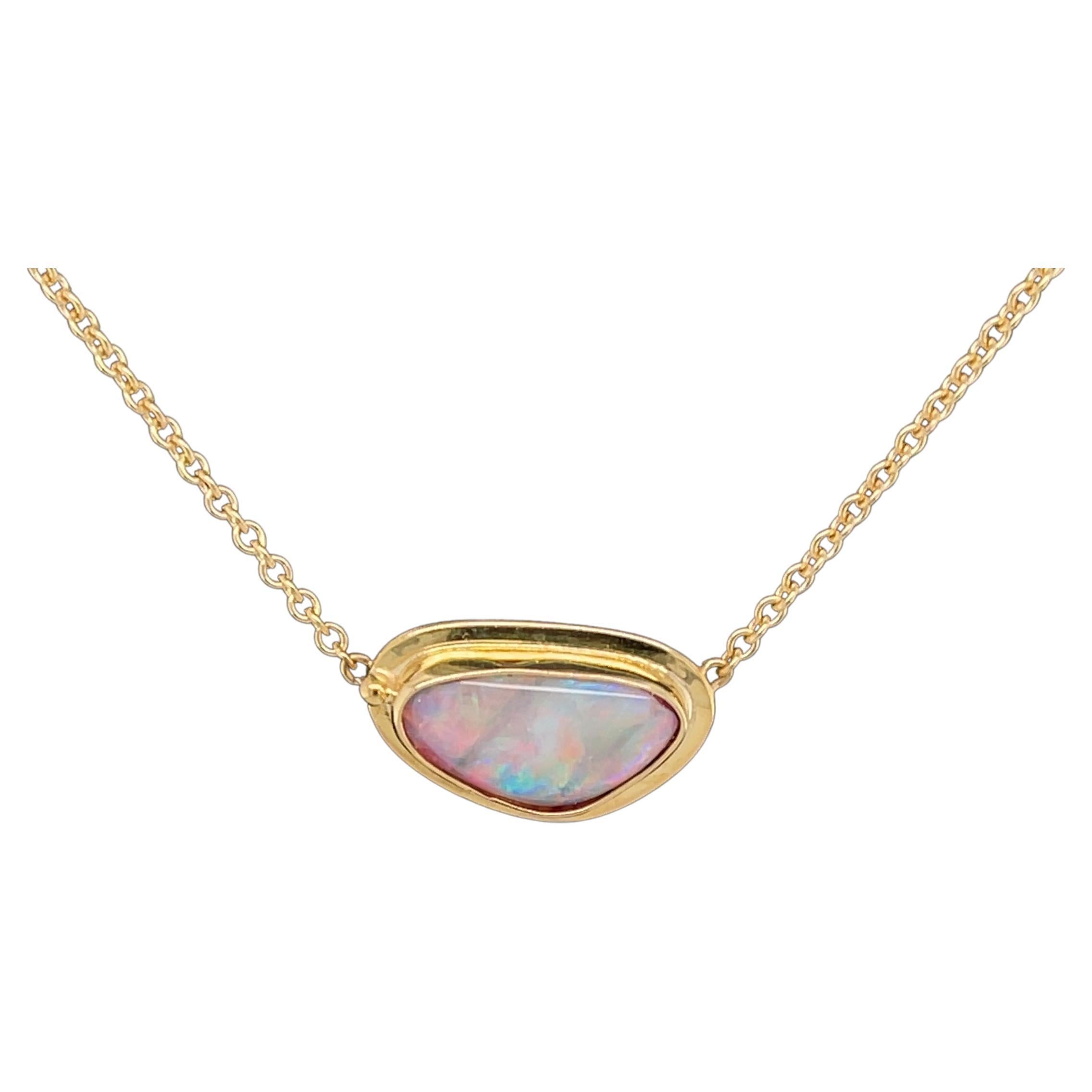 Bezel Set Freeform Australian Opal Necklace in 18k Yellow Gold  