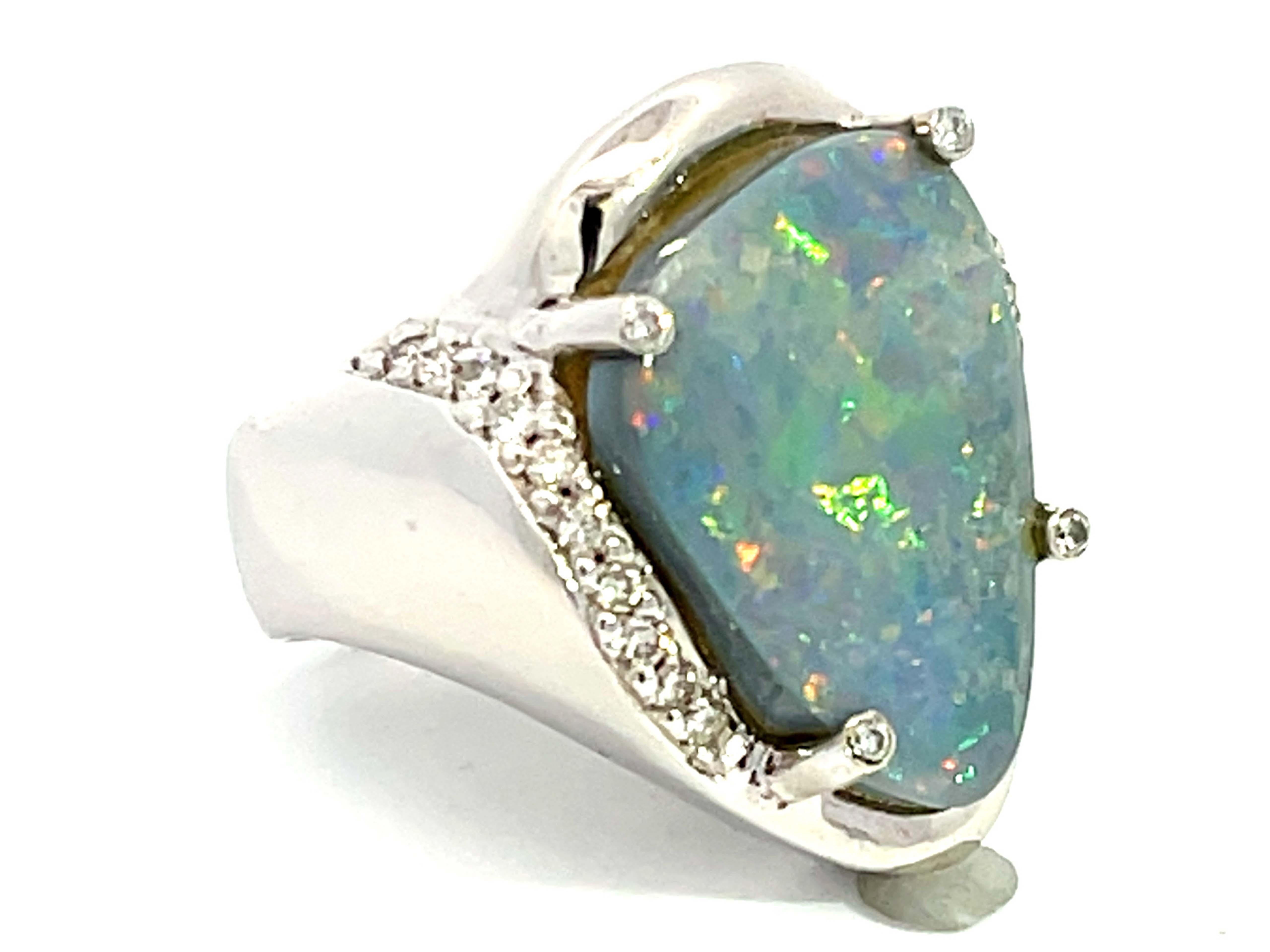 Modern Freeform Black Opal Triangle and Diamond Ring in 18k White Gold For Sale
