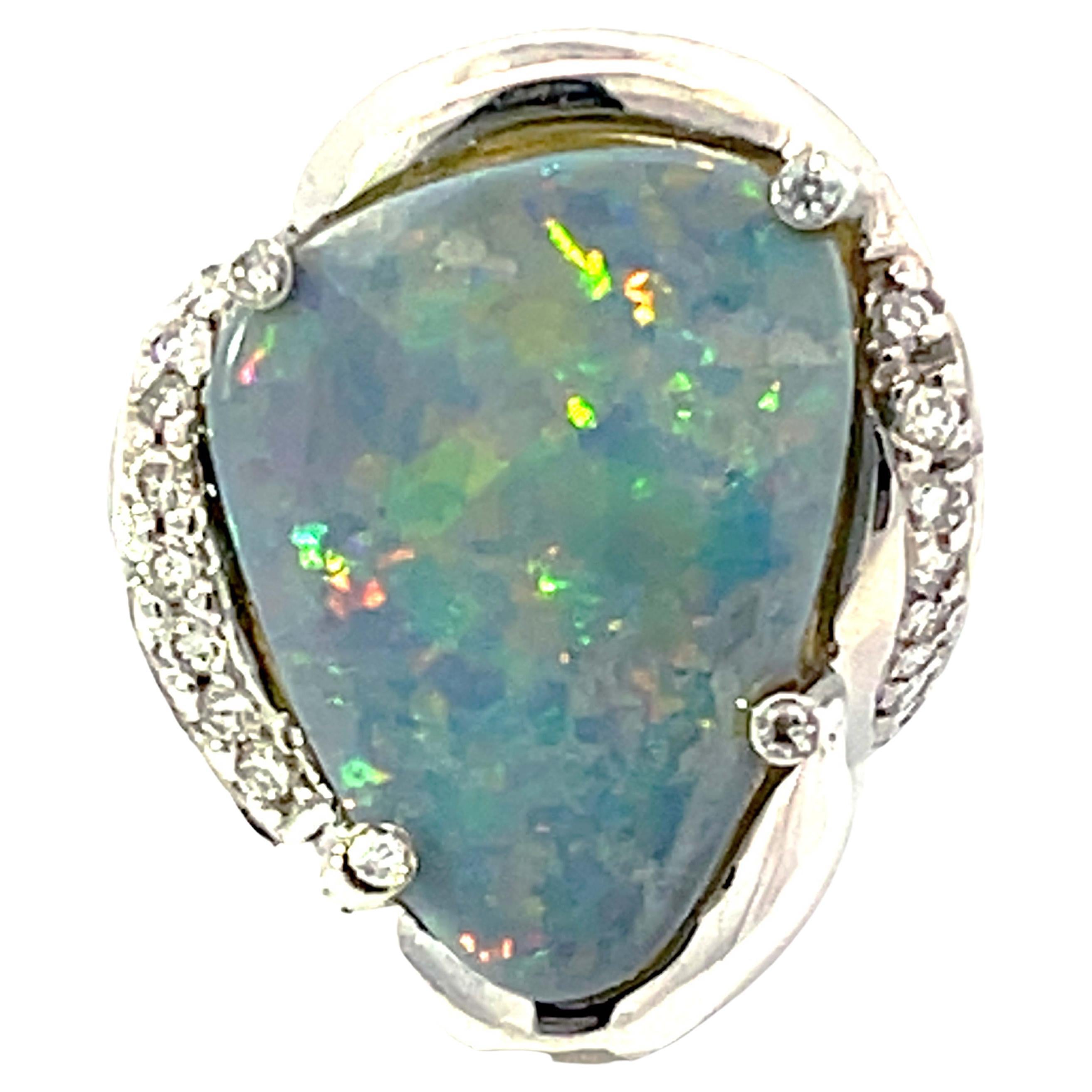 Freeform Black Opal Triangle and Diamond Ring in 18k White Gold For Sale