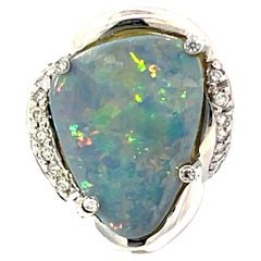 Vintage Freeform Black Opal Triangle and Diamond Ring in 18k White Gold