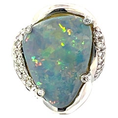 Freeform Black Opal Triangle and Diamond Ring in 18k White Gold