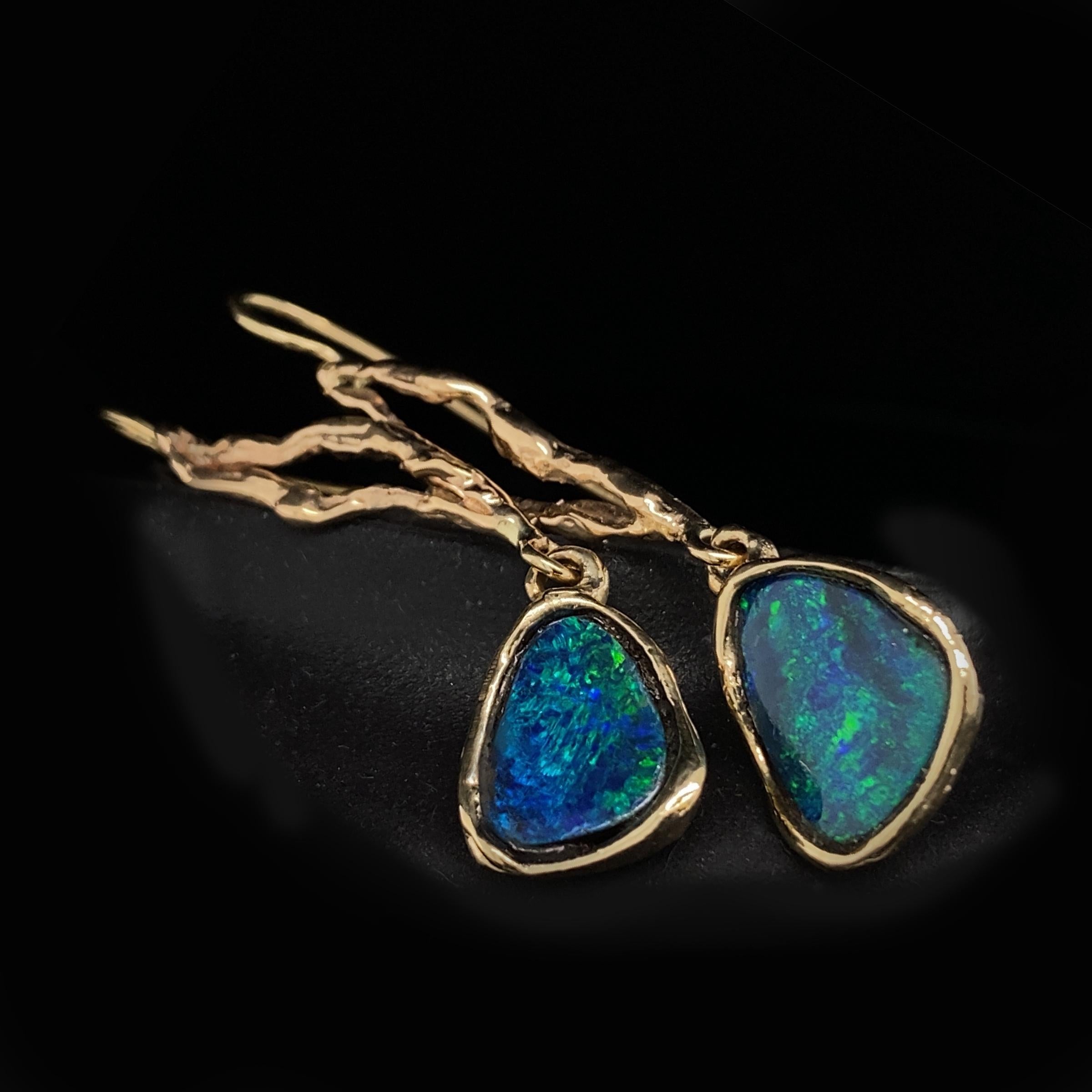 Freeform Boulder Opal Shepherd's Hook Dangle Earrings in Yellow Gold For Sale 4