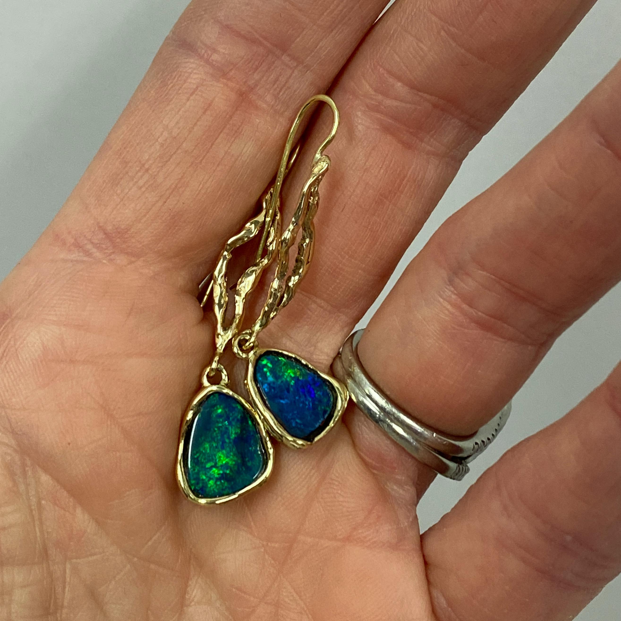Freeform Boulder Opal Shepherd's Hook Dangle Earrings in Yellow Gold For Sale 6