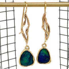 Freeform Boulder Opal Shepherd's Hook Dangle Earrings in Yellow Gold