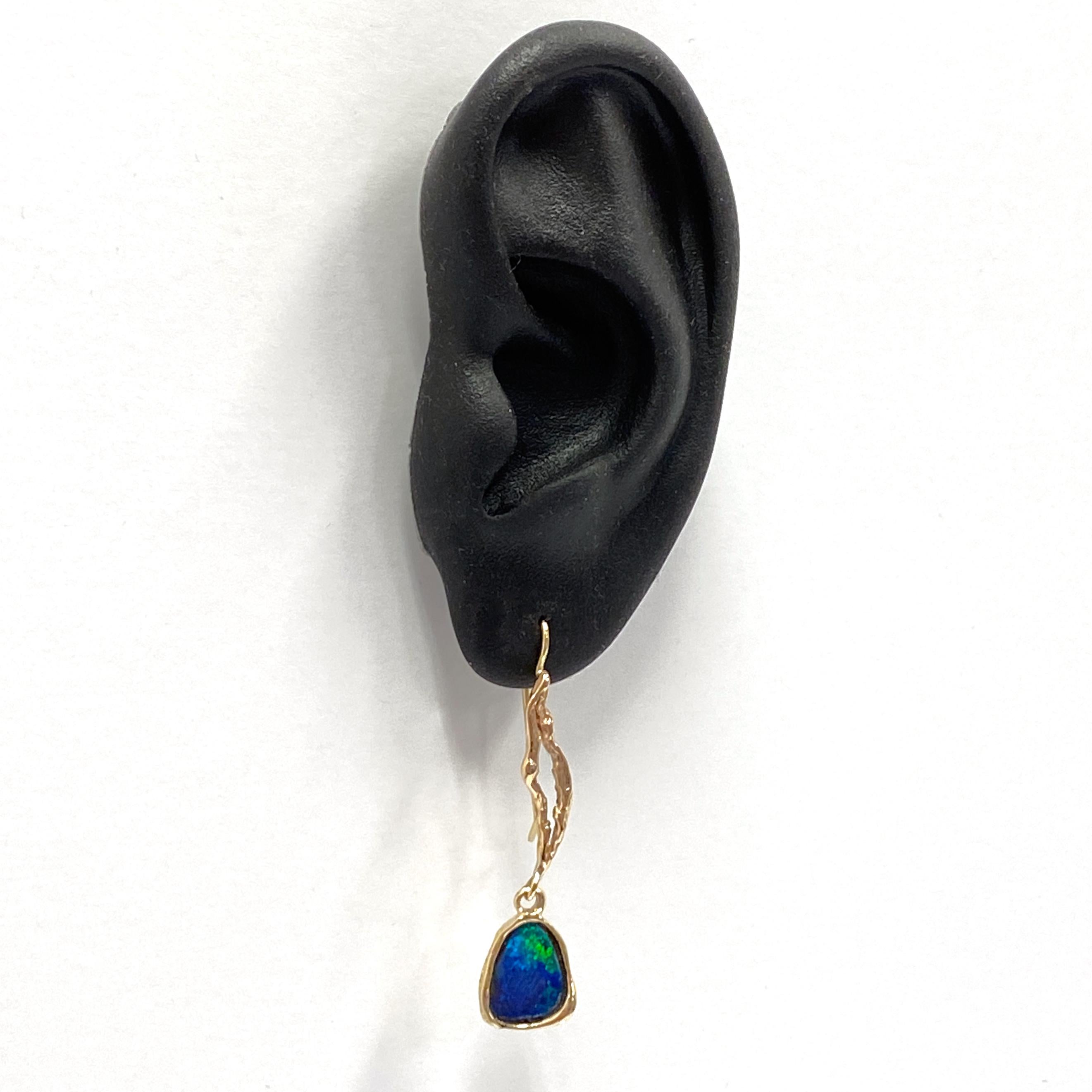Contemporary Freeform Boulder Opal Shepherd's Hook Dangle Earrings in Yellow Gold For Sale