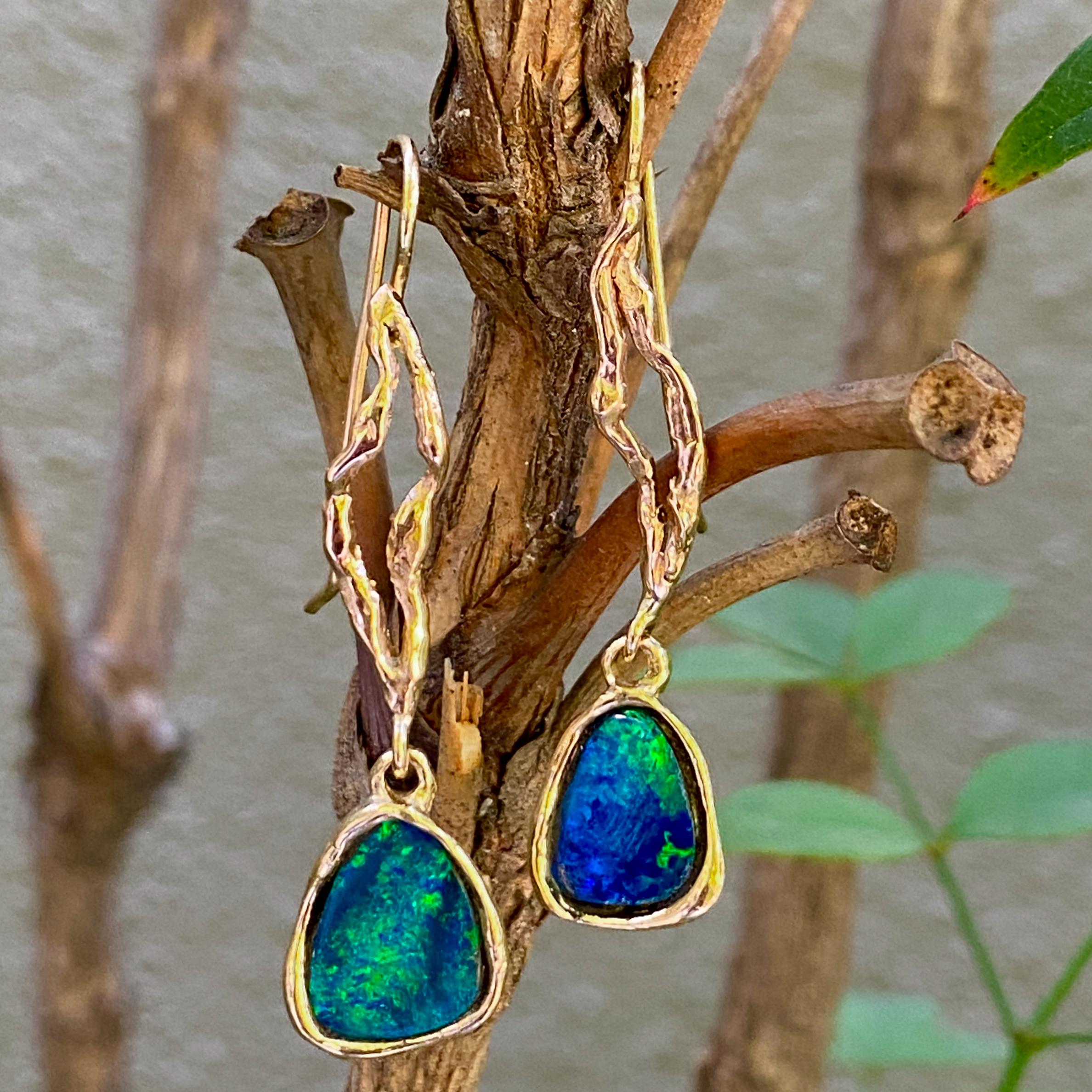 Women's or Men's Freeform Boulder Opal Shepherd's Hook Dangle Earrings in Yellow Gold For Sale