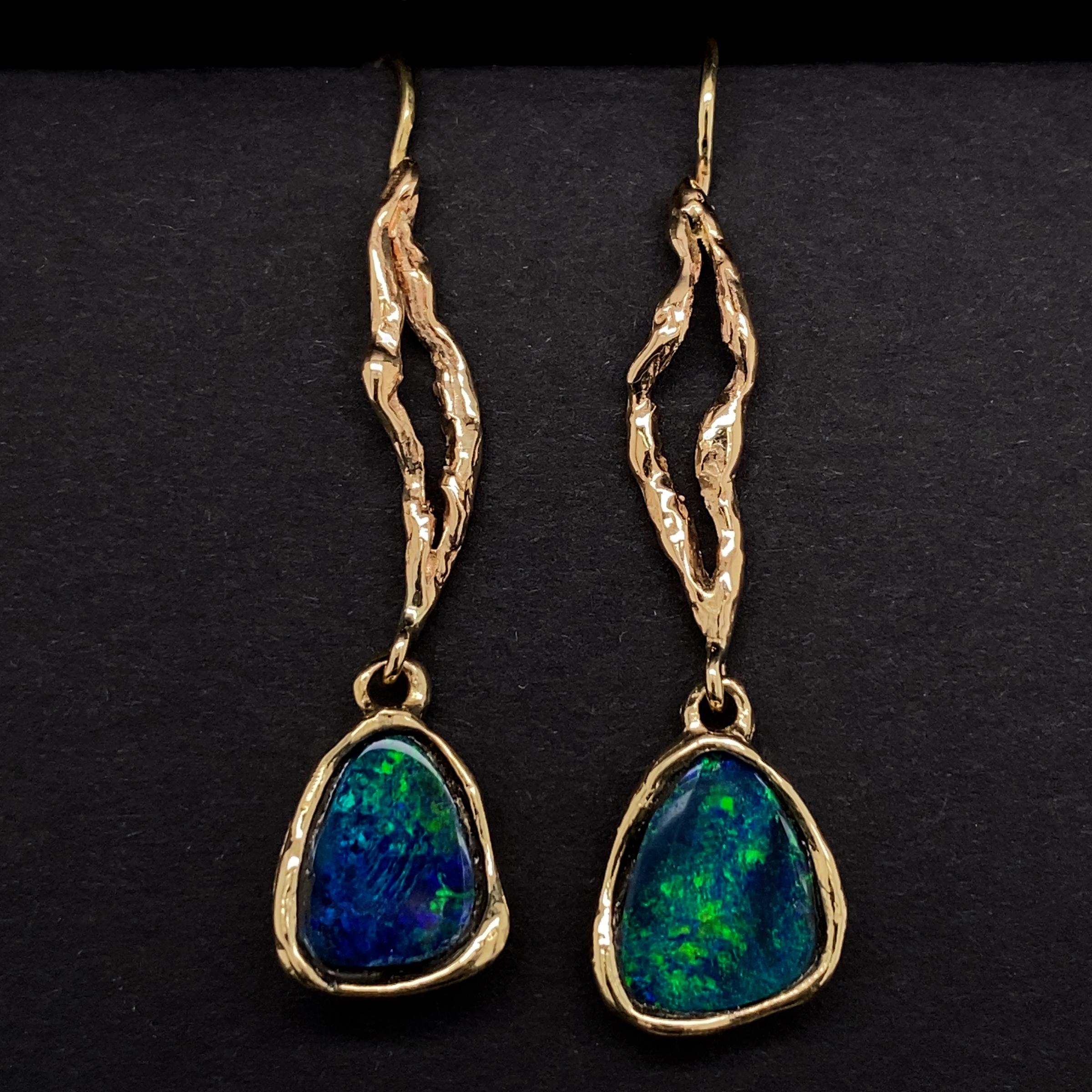 Freeform Boulder Opal Shepherd's Hook Dangle Earrings in Yellow Gold For Sale 1