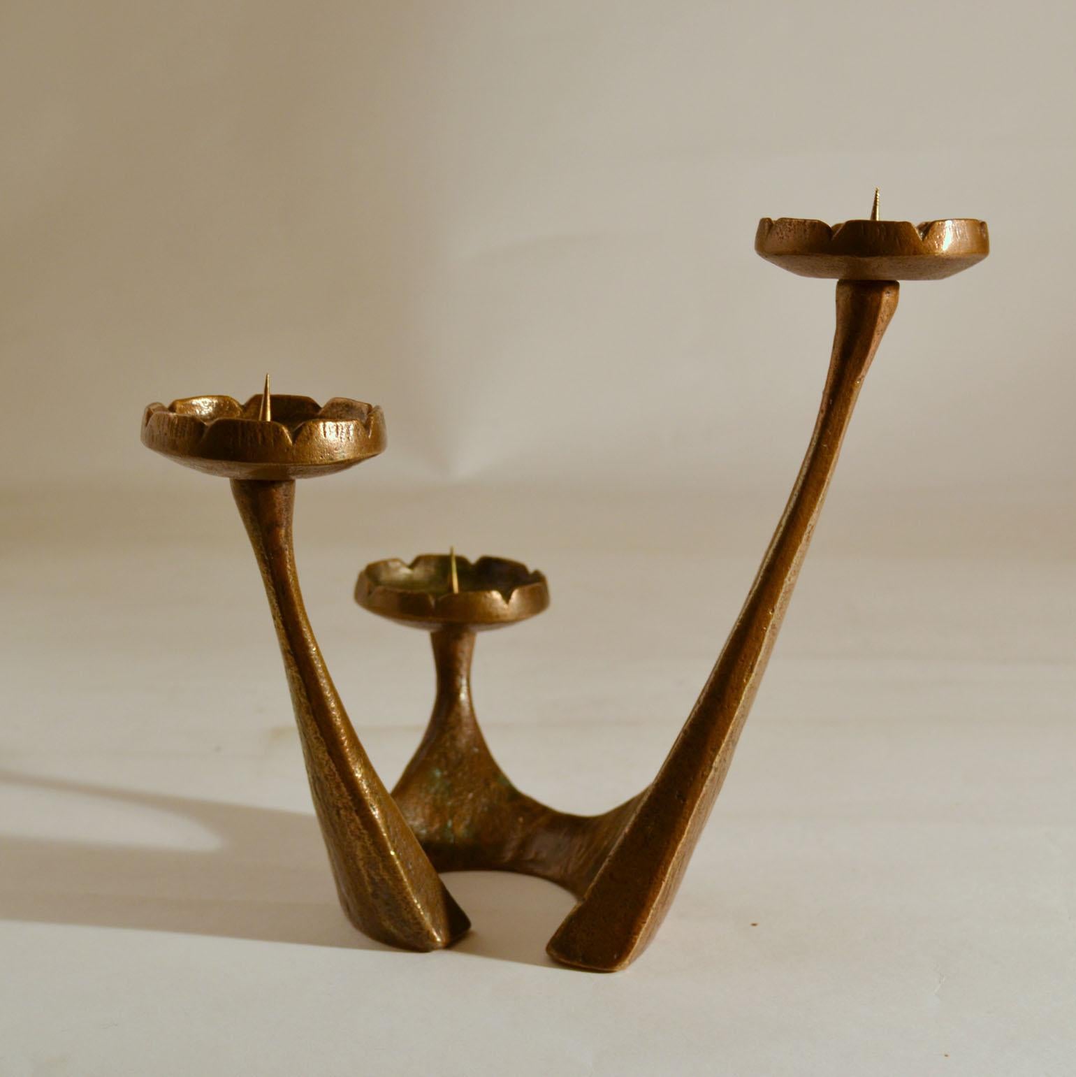 Mid-Century Modern Free Form Bronze Candelabra for Three Candles