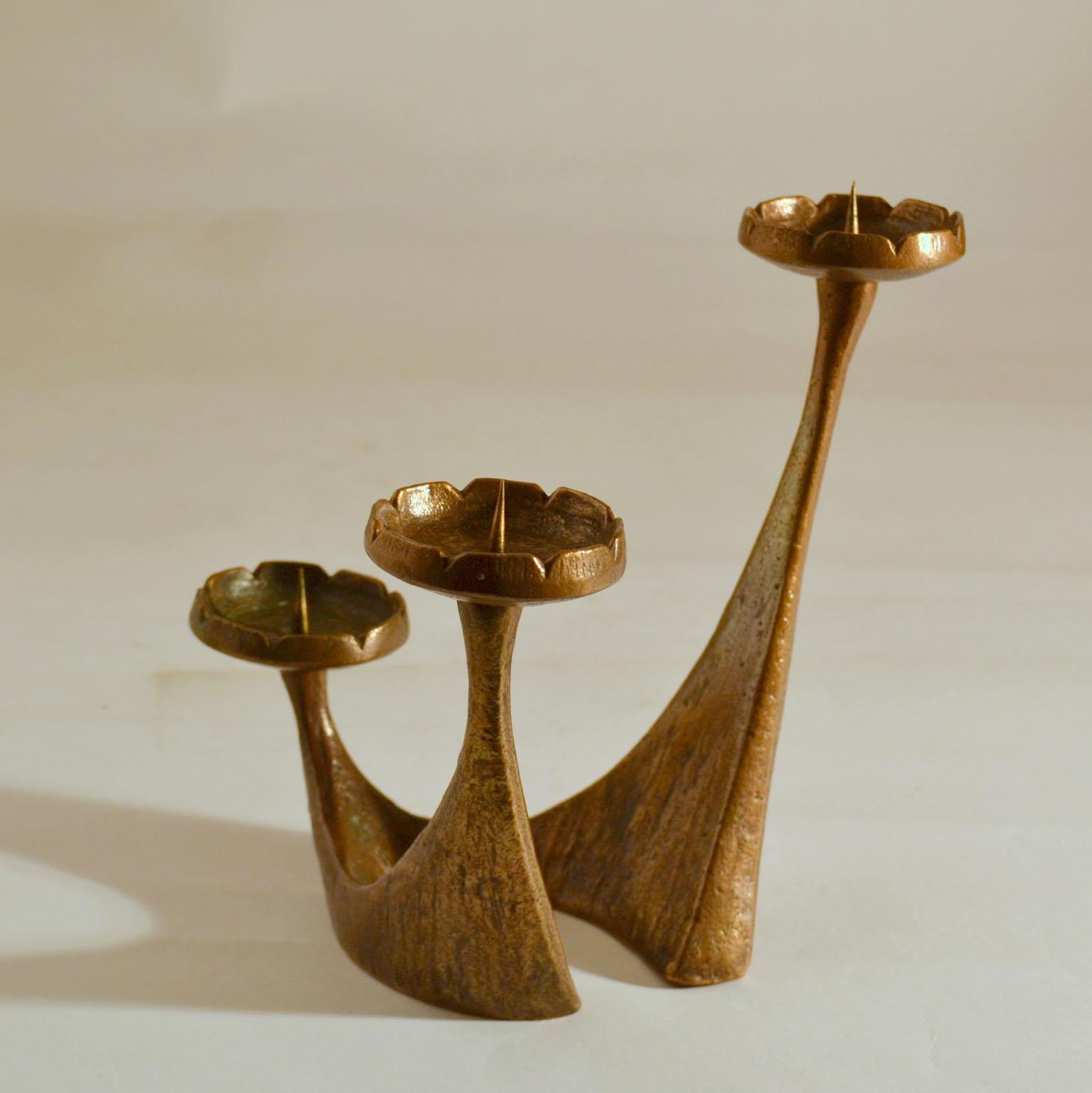 20th Century Free Form Bronze Candelabra for Three Candles