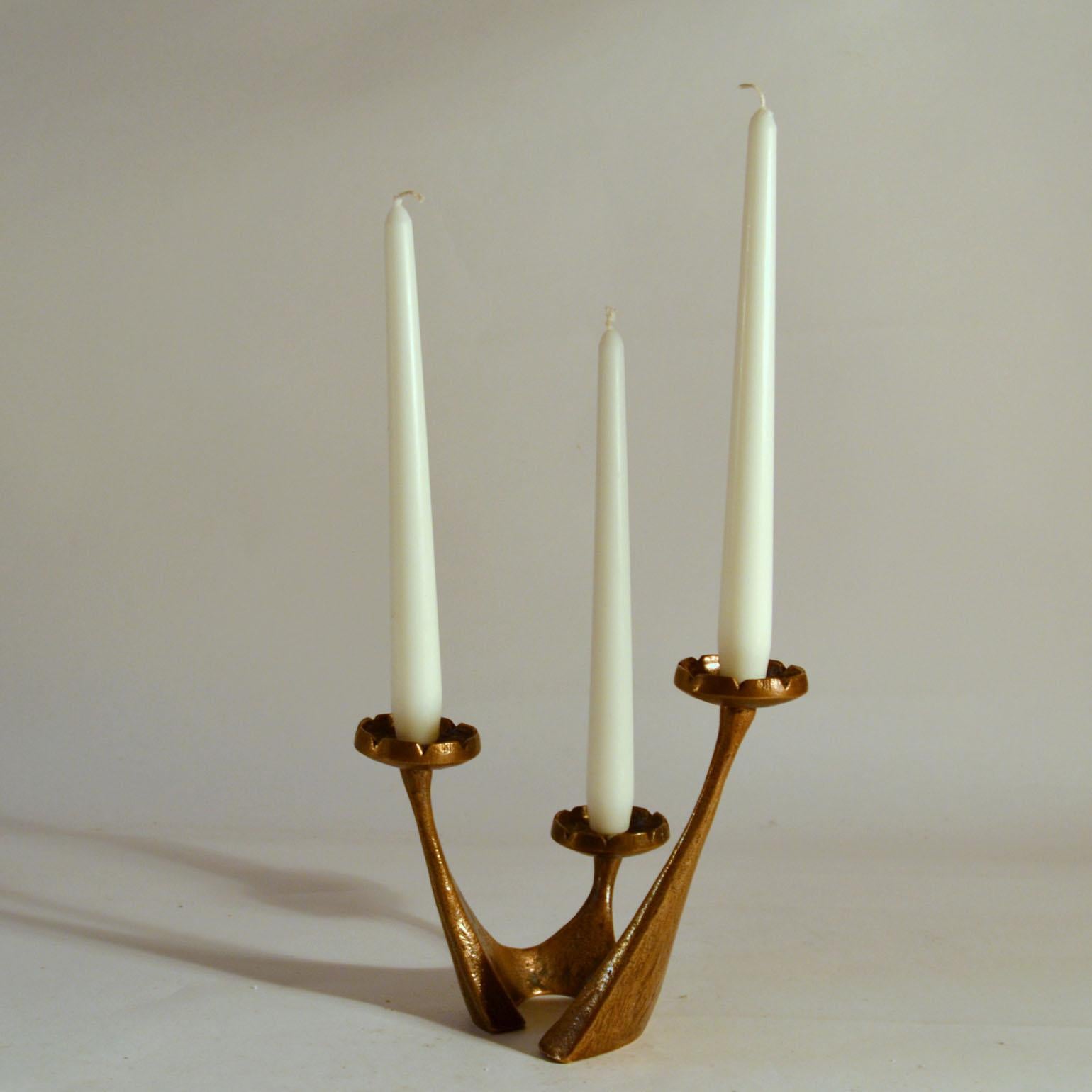 European Free Form Bronze Candelabra for Three Candles