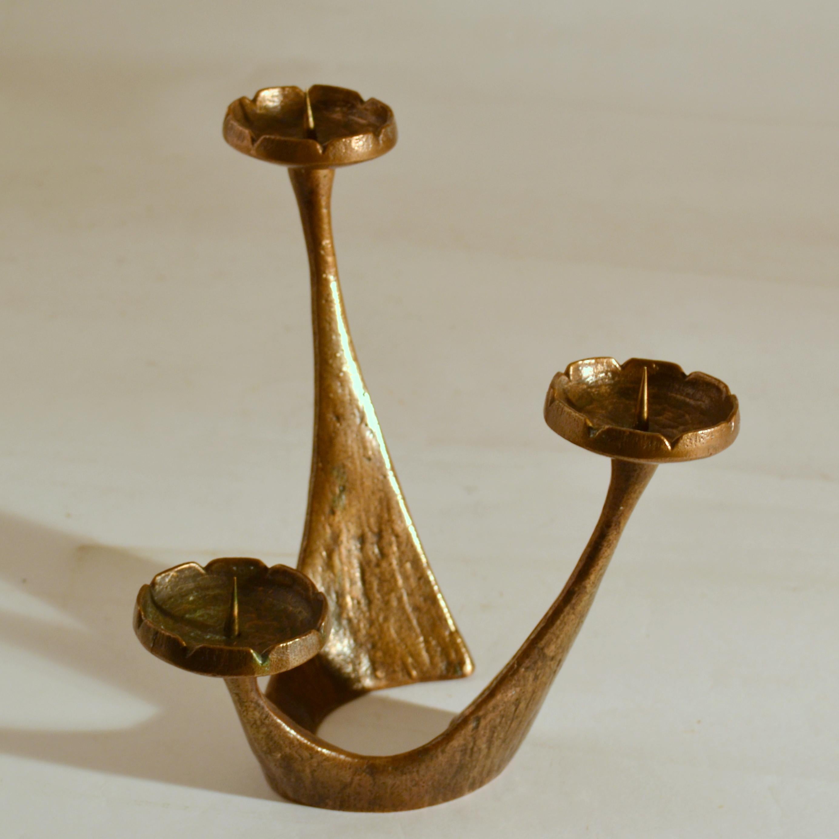 Cast Free Form Bronze Candelabra for Three Candles