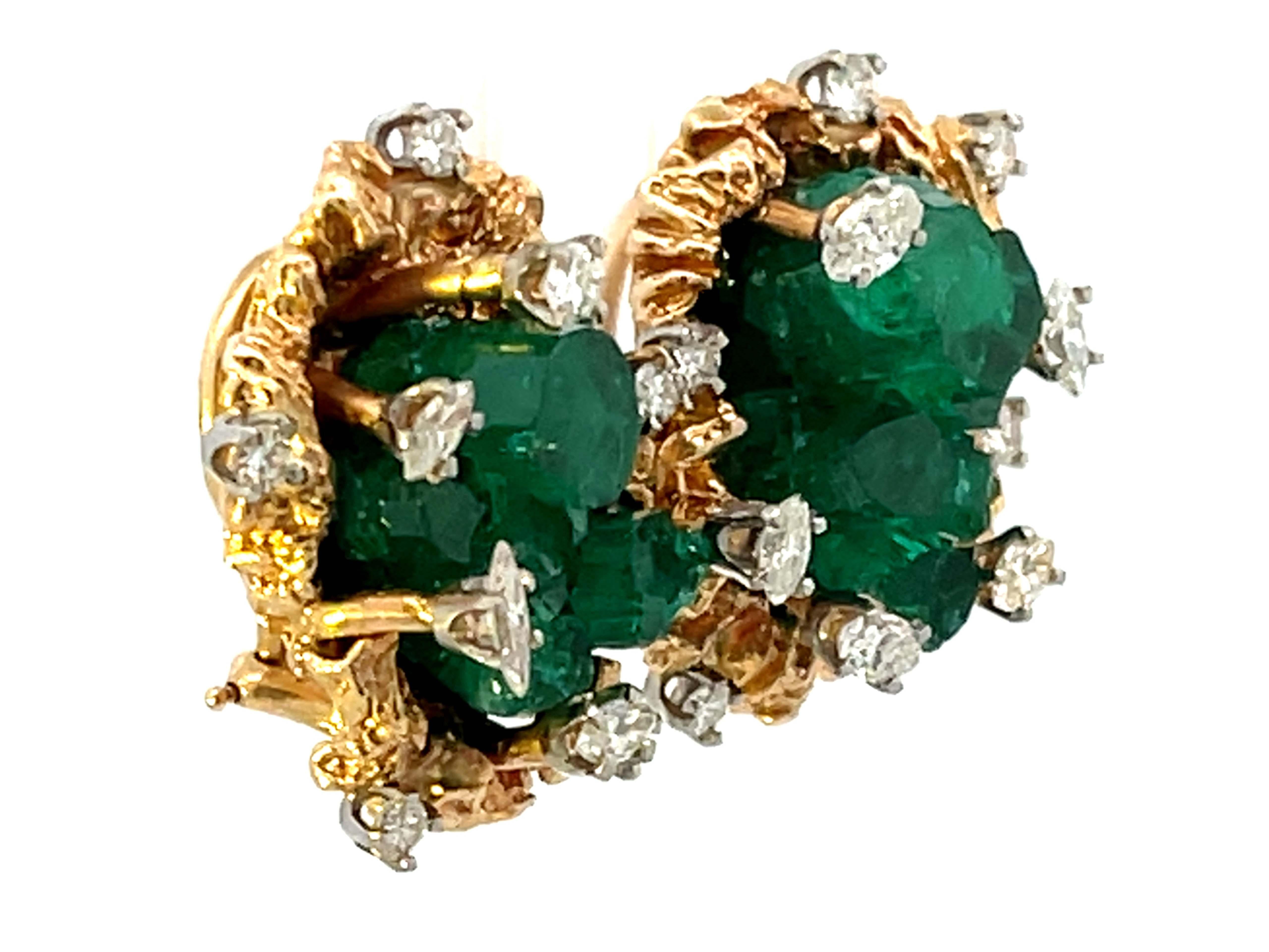 Modern Freeform Chatham Emerald Diamond Gold Earrings For Sale
