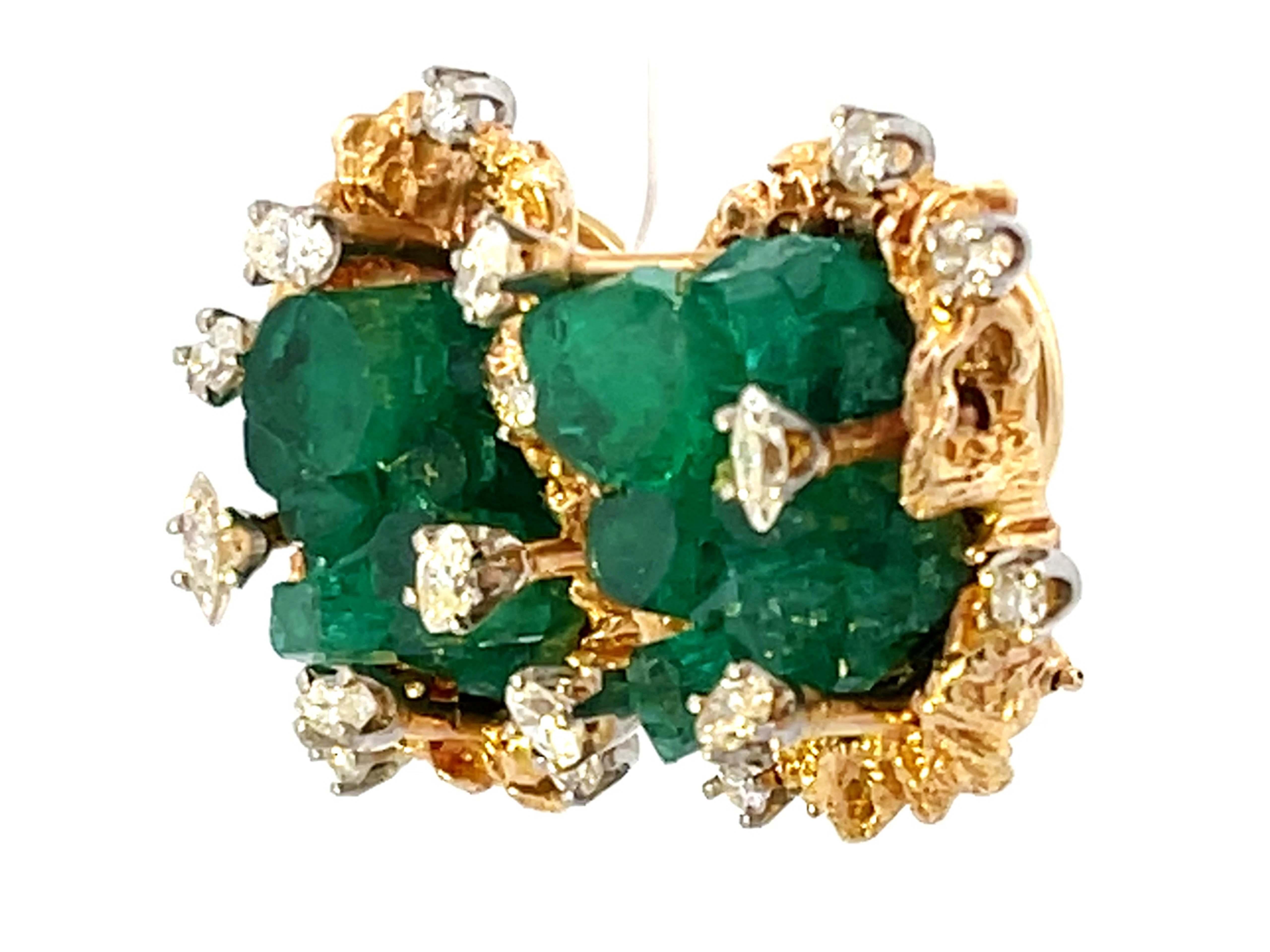 Mixed Cut Freeform Chatham Emerald Diamond Gold Earrings For Sale