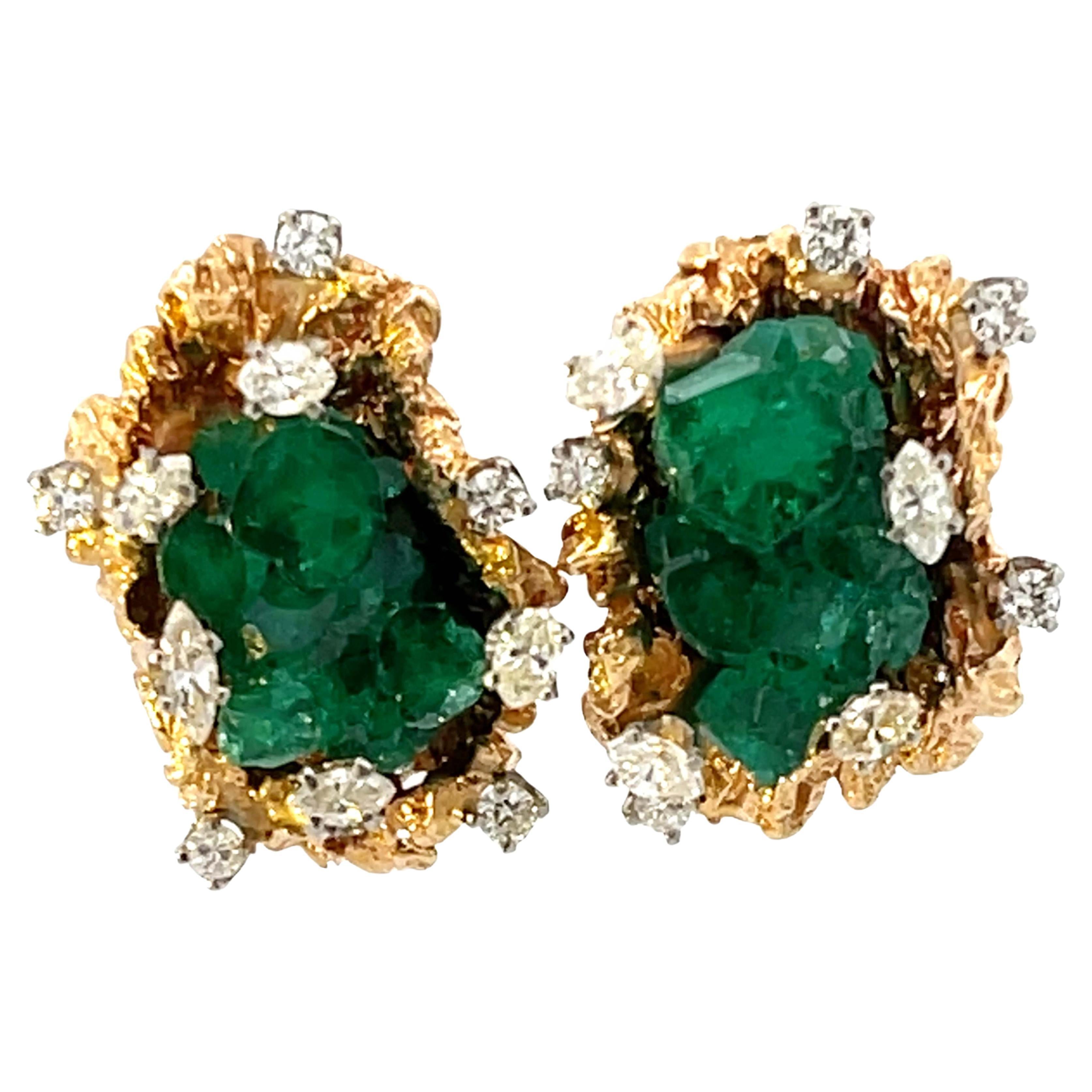 Freeform Chatham Emerald Diamond Gold Earrings For Sale