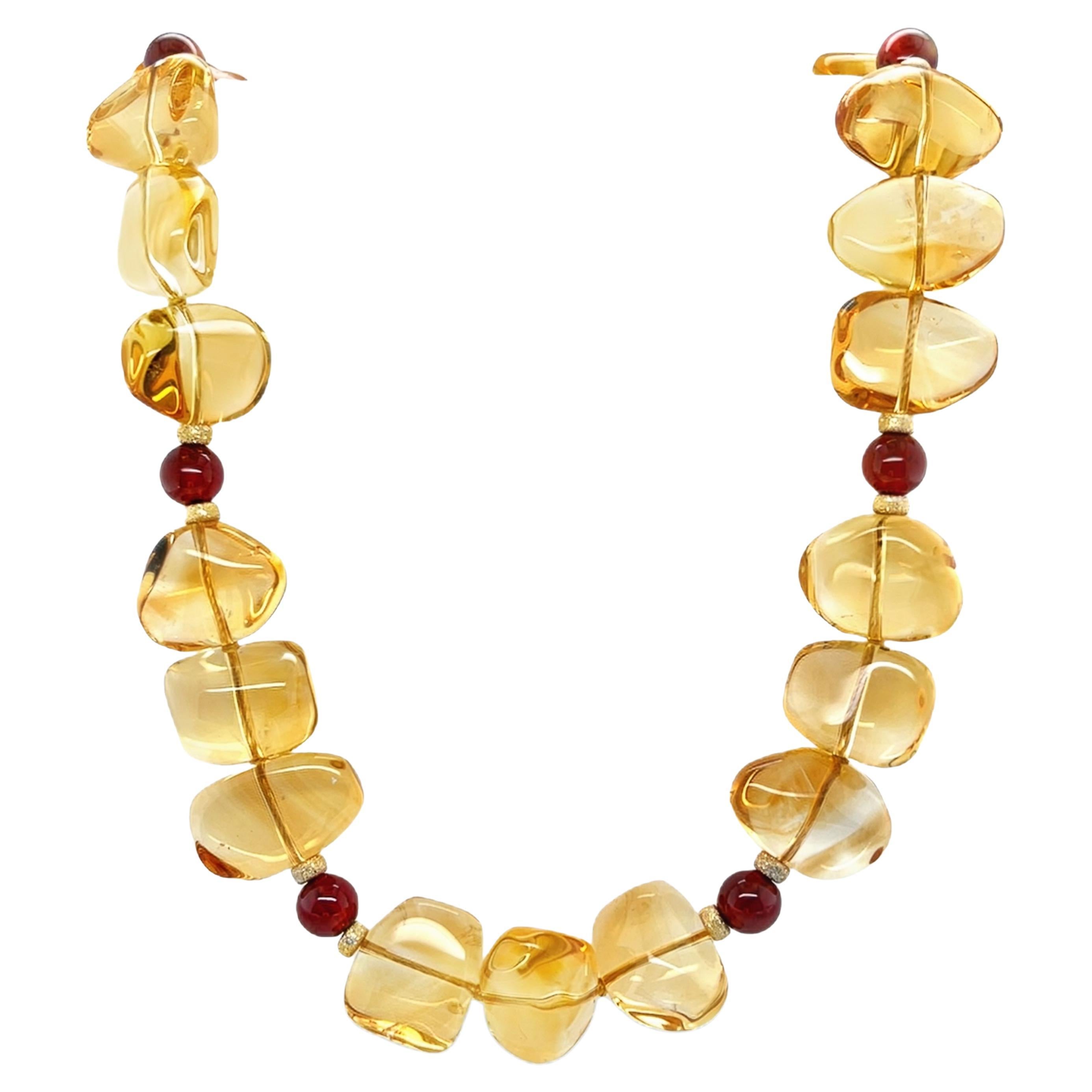 Freeform Citrine and Round Garnet Bead Necklace with Yellow Gold Accents
