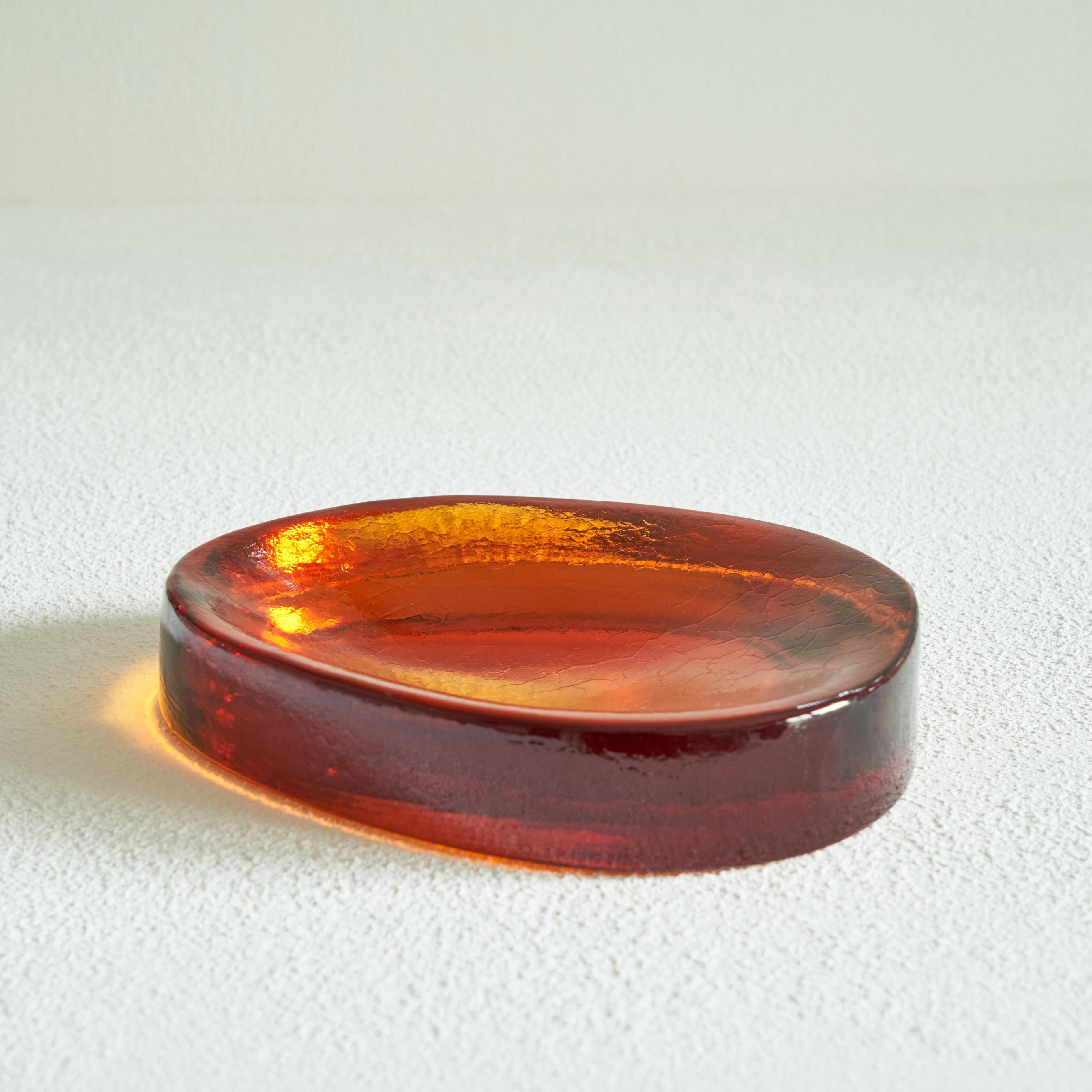 Hand-Crafted Freeform Concave Amber Colored Vide Poche in Solid Glass, 1960s For Sale