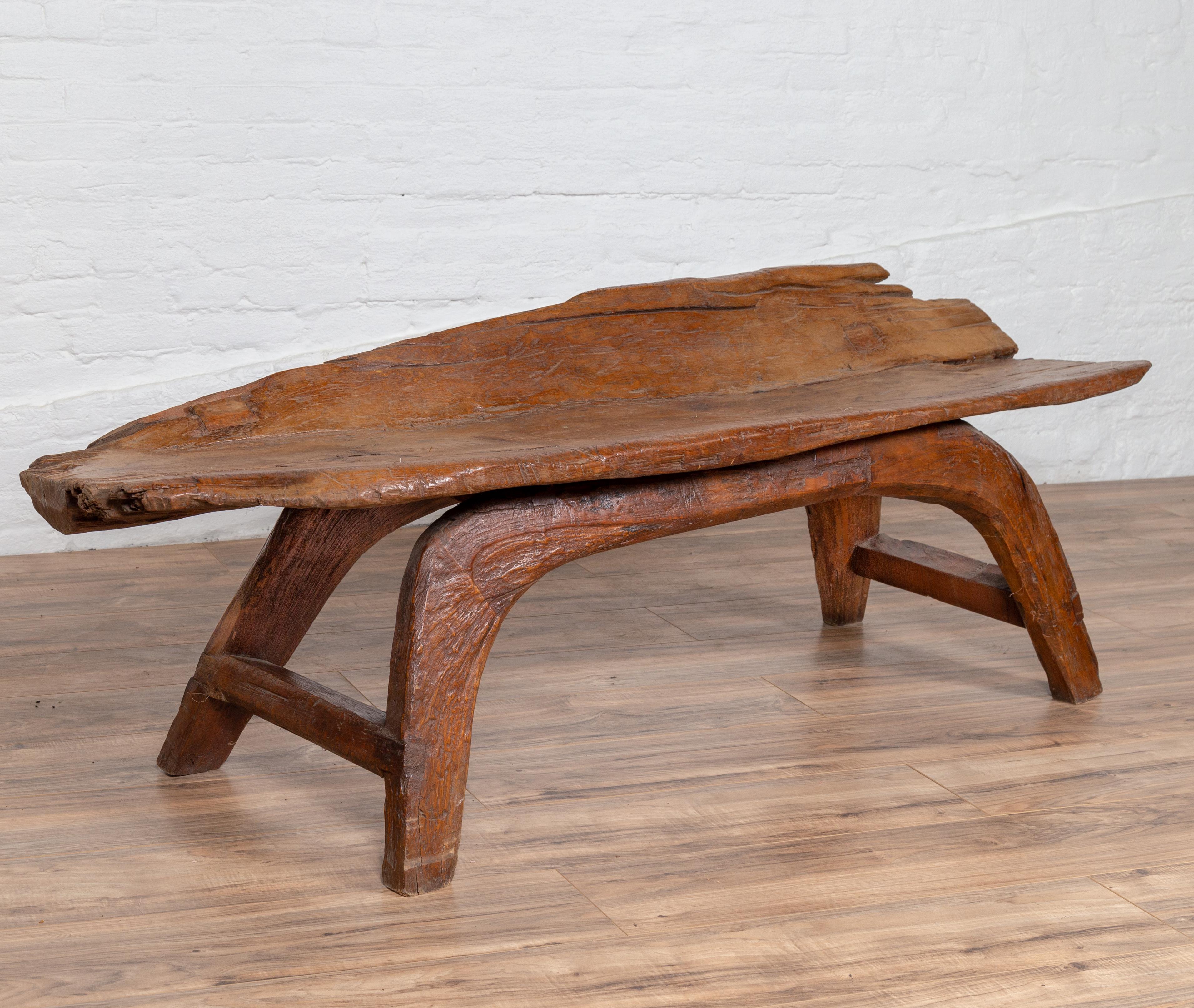 Freeform Design Antique Wooden Bench from the Riverbed of Bali with Arching Base 3