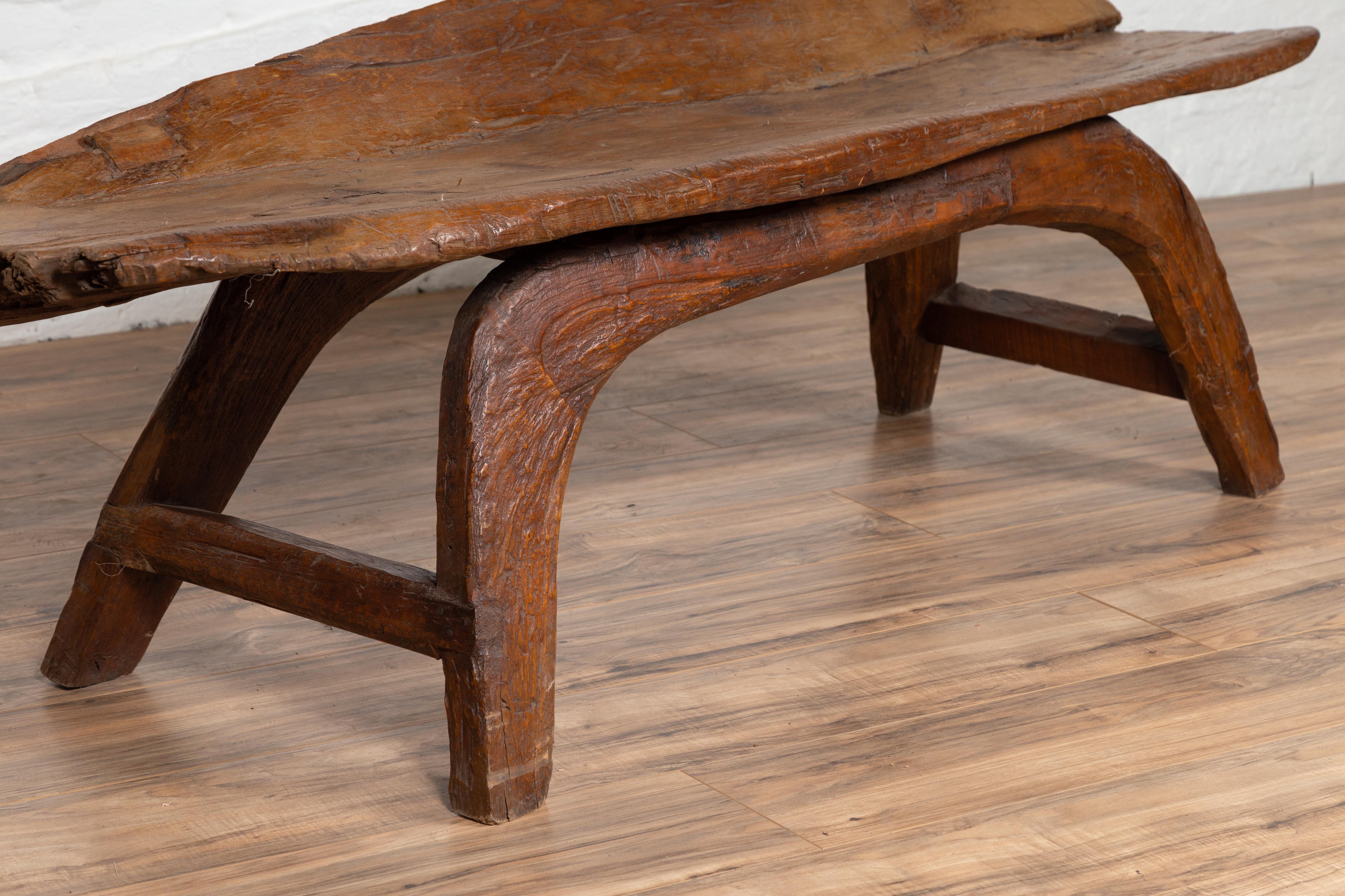 Freeform Design Antique Wooden Bench from the Riverbed of Bali with Arching Base 4