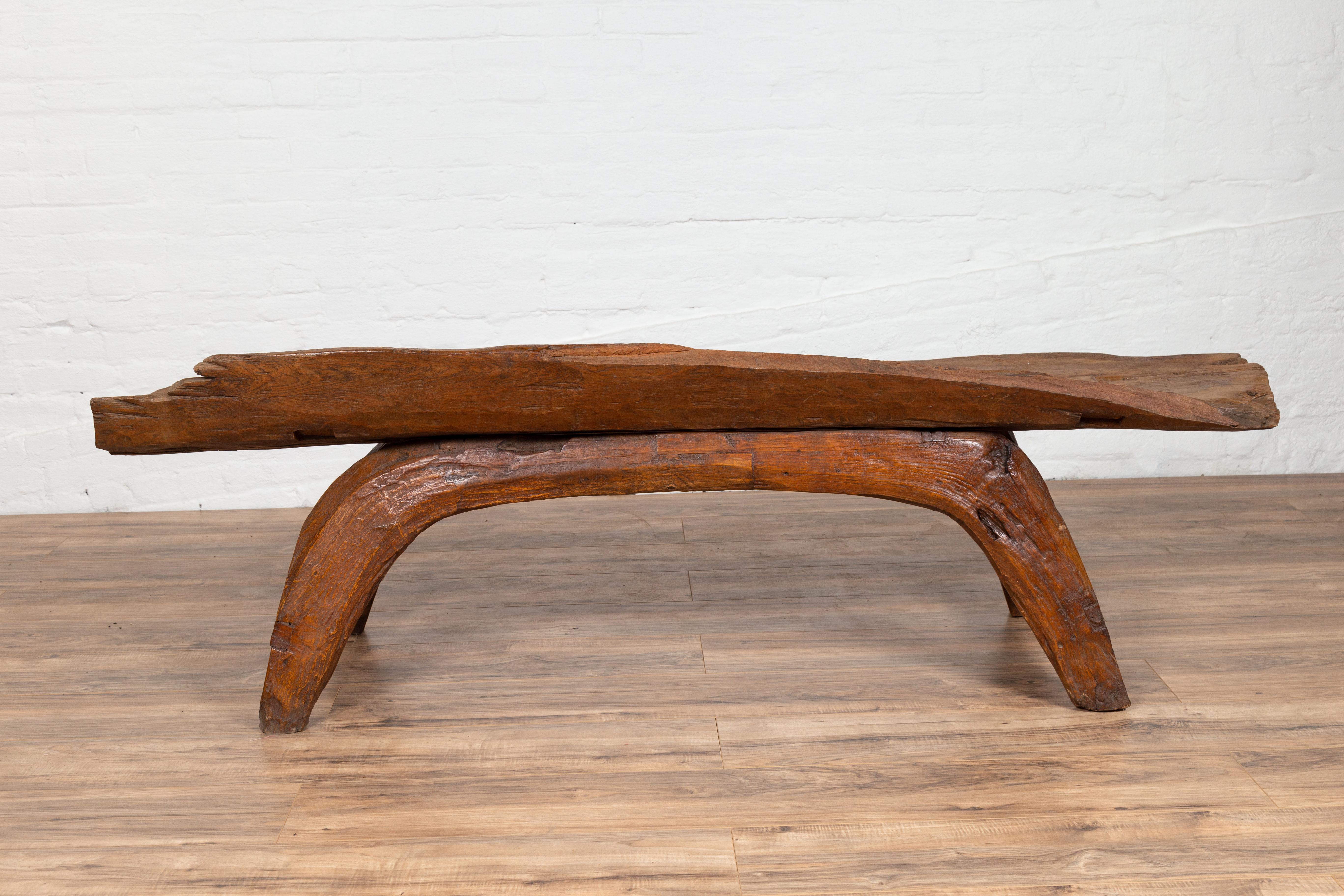 Freeform Design Antique Wooden Bench from the Riverbed of Bali with Arching Base 6