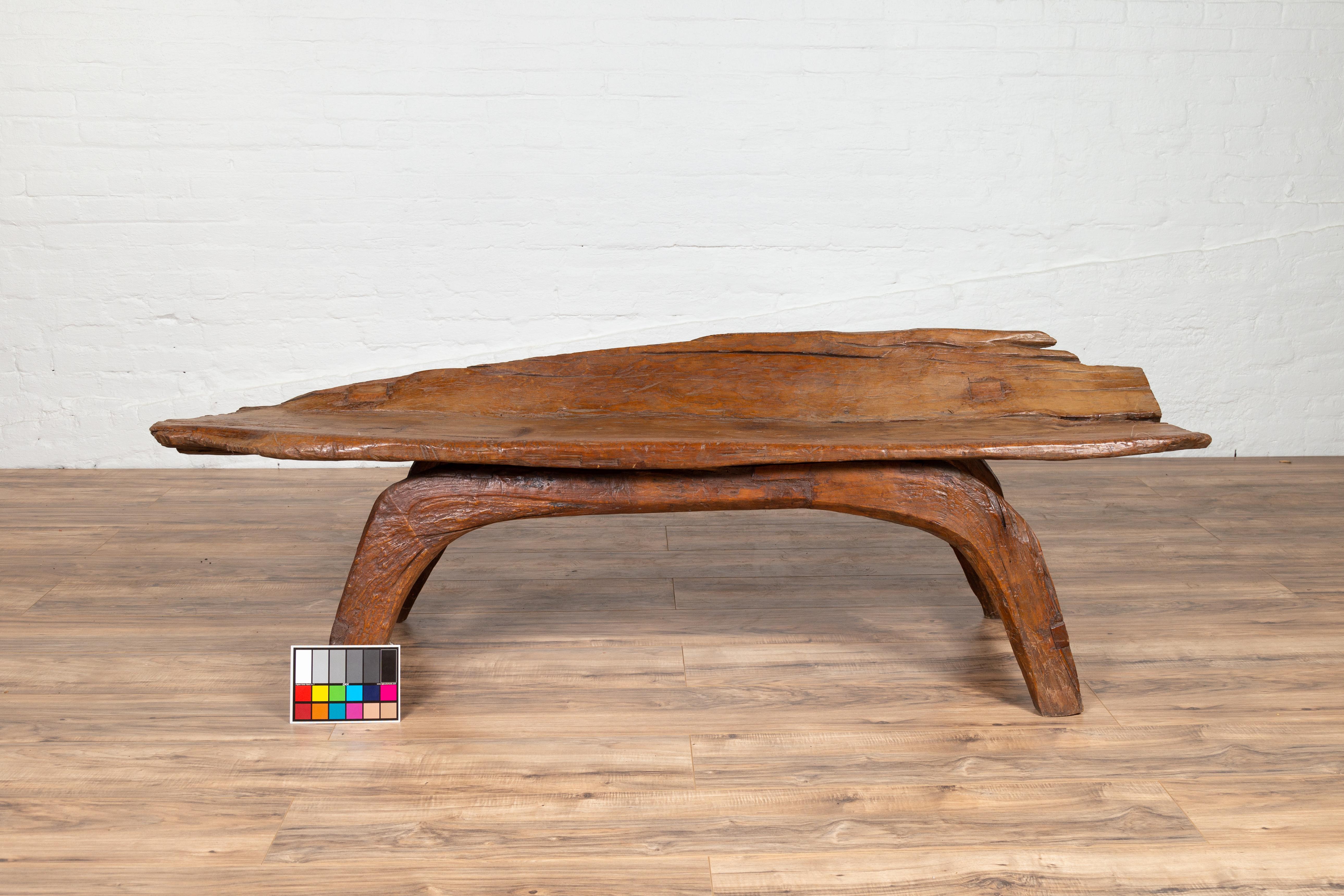 Freeform Design Antique Wooden Bench from the Riverbed of Bali with Arching Base 7