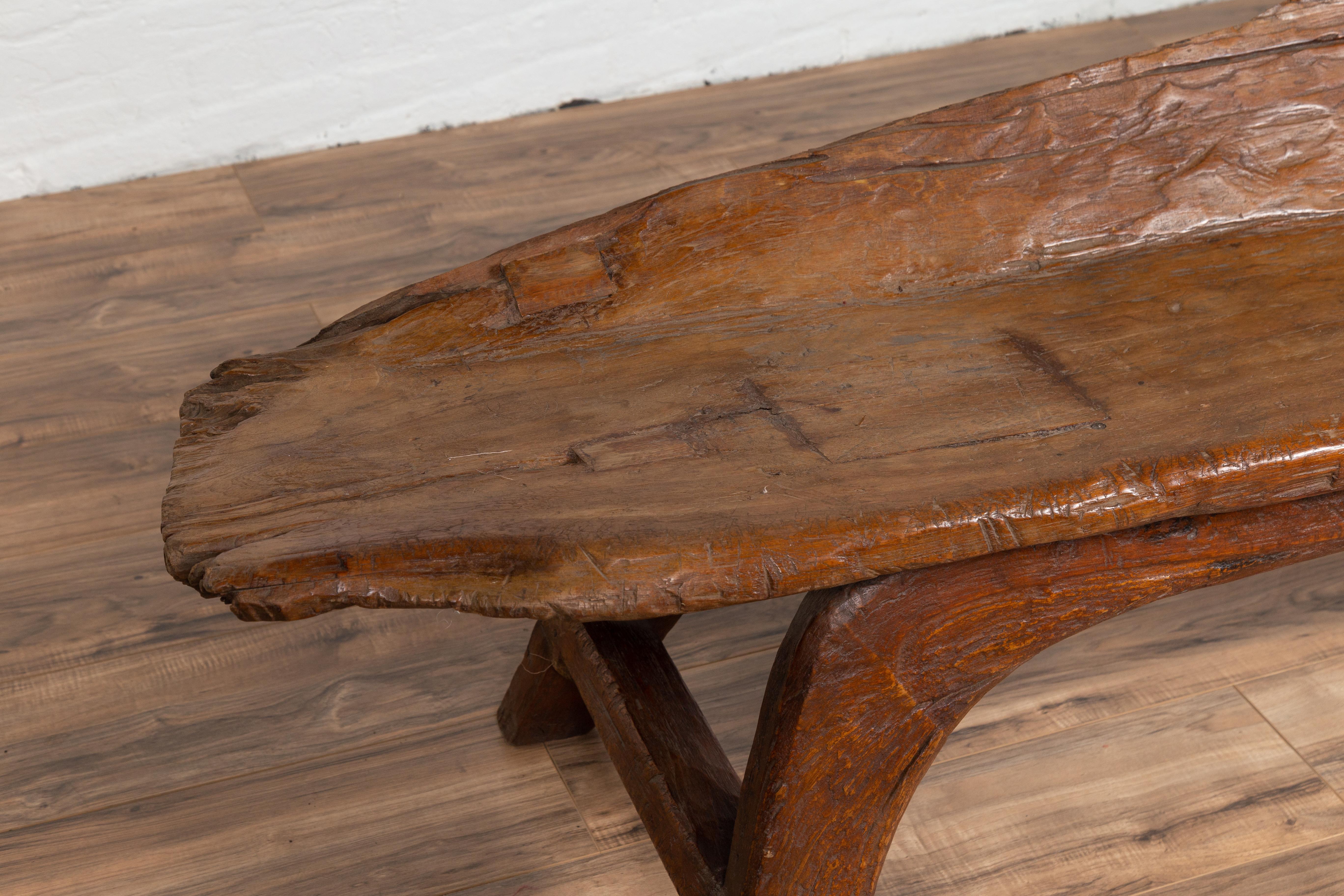 Rustic Freeform Design Antique Wooden Bench from the Riverbed of Bali with Arching Base