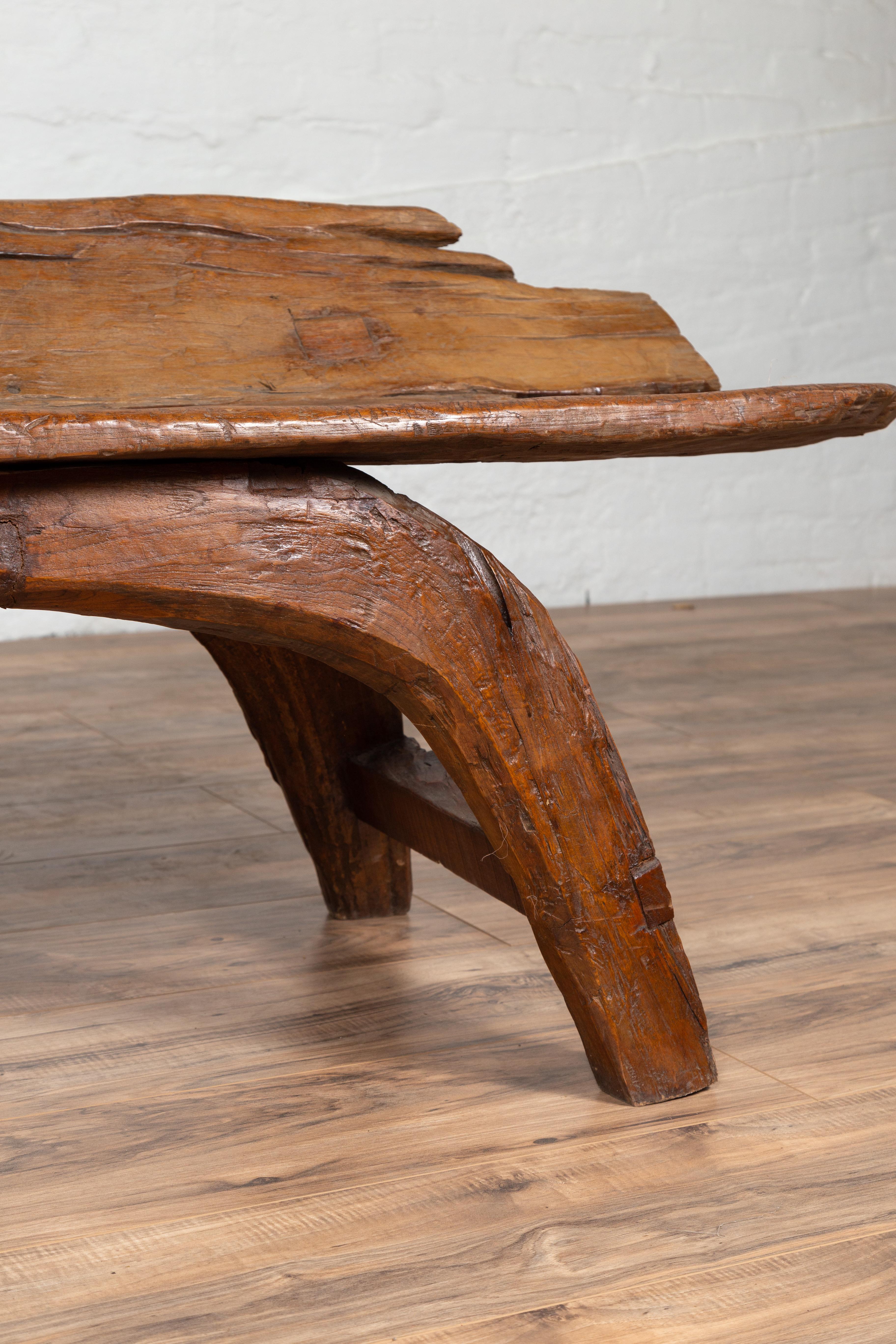 19th Century Freeform Design Antique Wooden Bench from the Riverbed of Bali with Arching Base