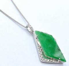 Freeform Emerald Green Jadeite Jade Diamond Geometric Pendant in 18K White Gold