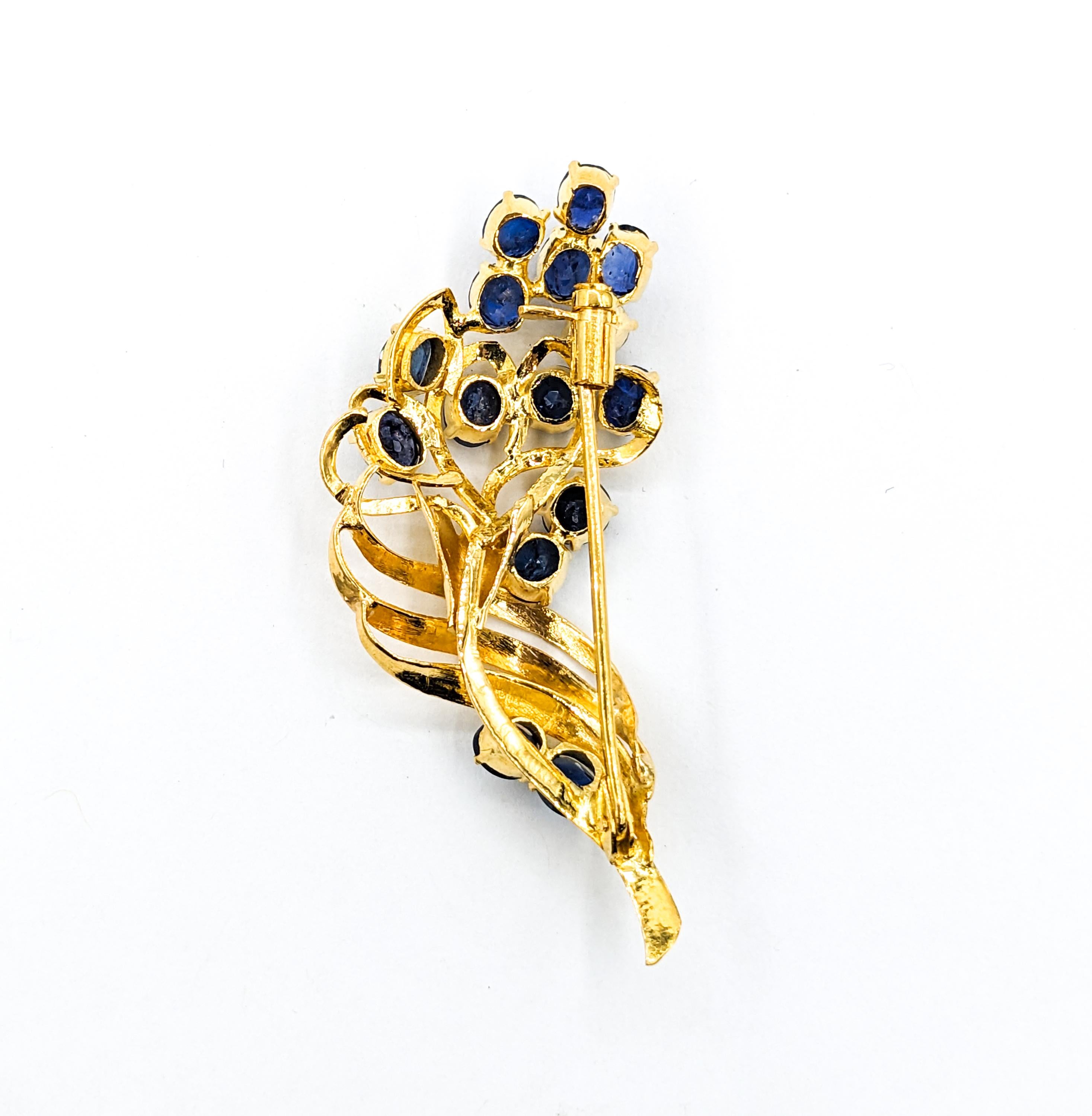 Modern Freeform Floral Sapphire Brooch in Gold For Sale