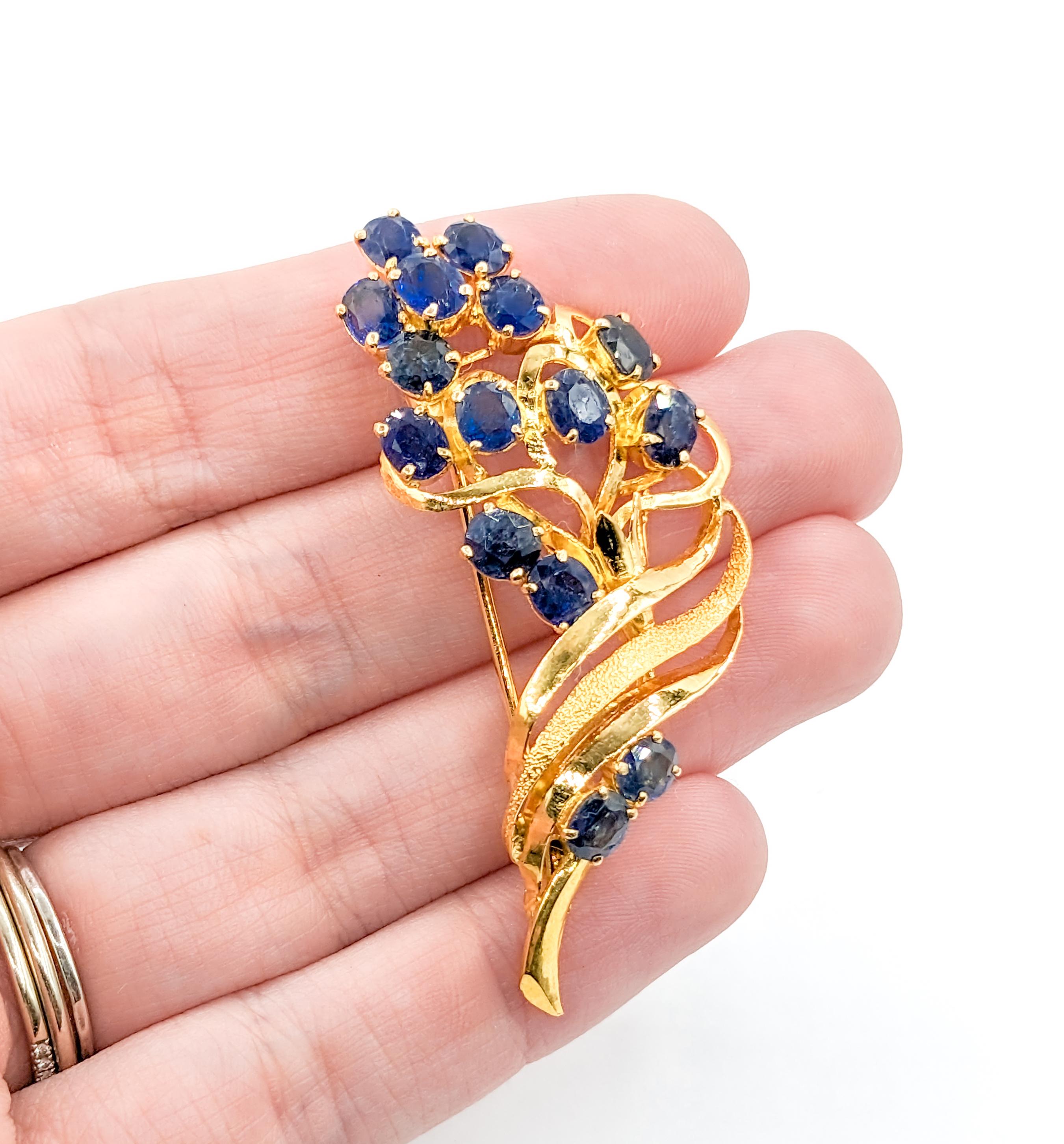 Oval Cut Freeform Floral Sapphire Brooch in Gold For Sale