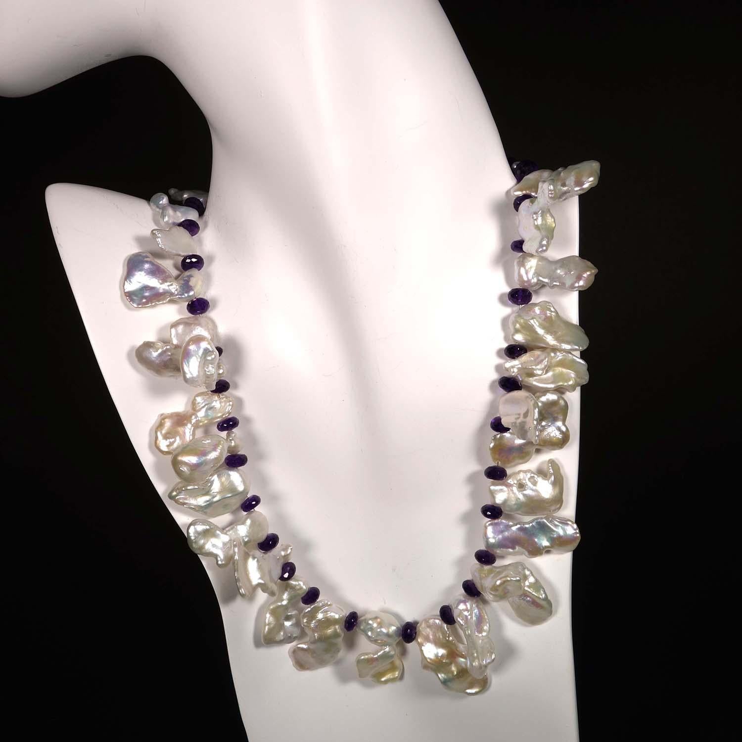 Artisan AJD Free Form Freshwater Pearl Amethyst Rondelle Necklace June Birthstone For Sale