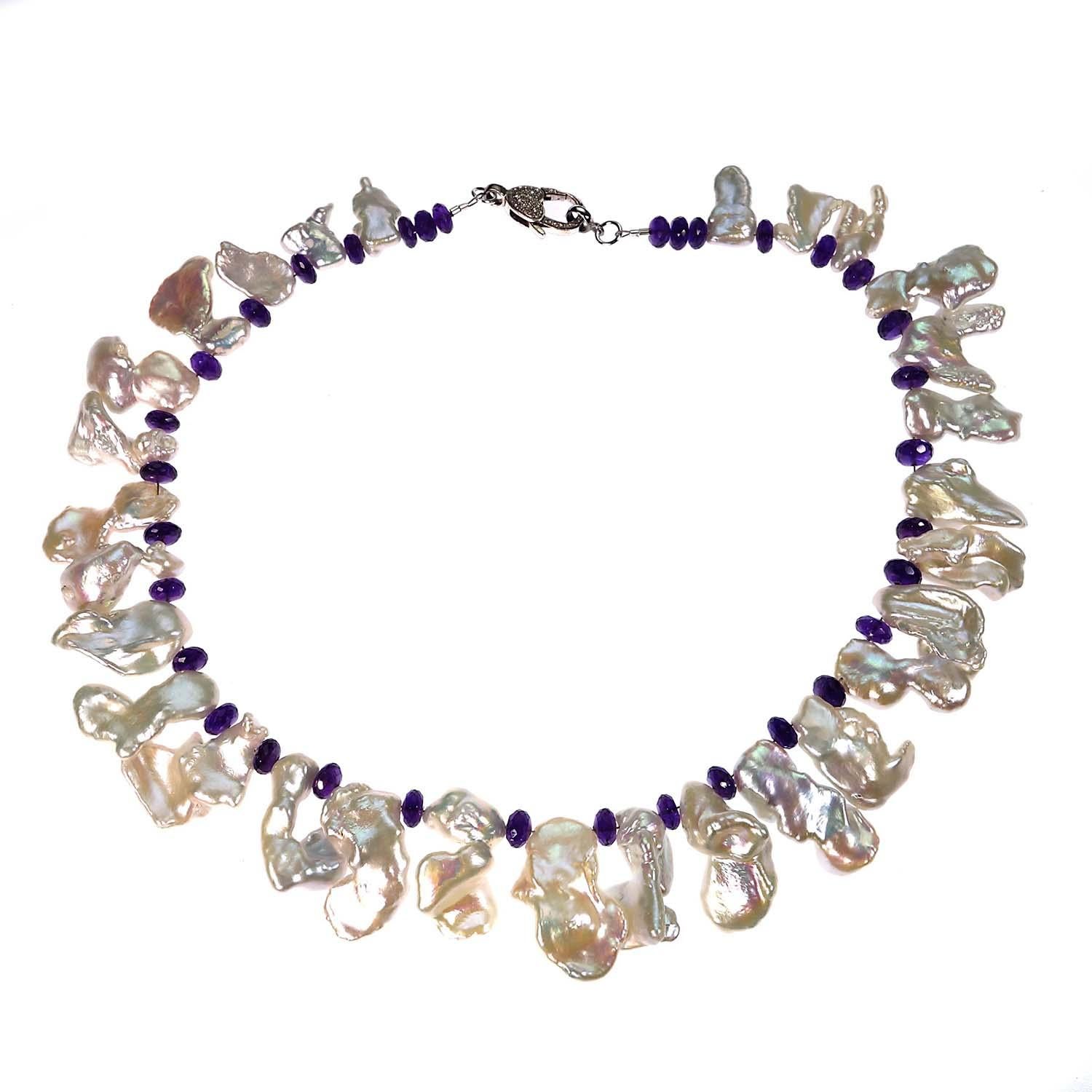 AJD Free Form Freshwater Pearl Amethyst Rondelle Necklace June Birthstone In New Condition For Sale In Raleigh, NC