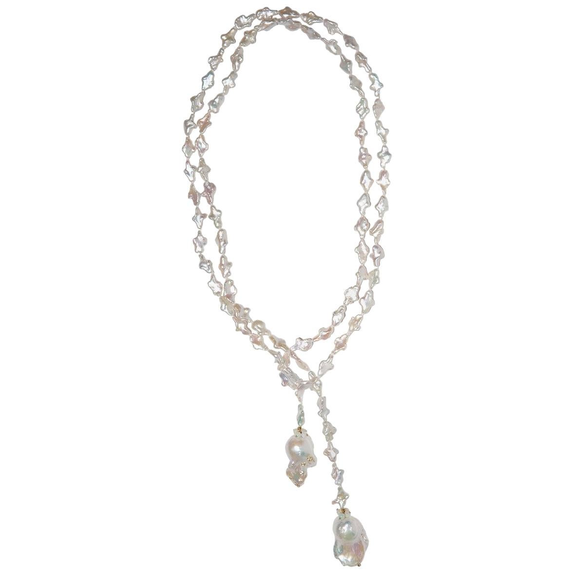 Gabrielle Sanchez Pearl Lariat with White Topaz & Baroque Pearl Dangles For Sale