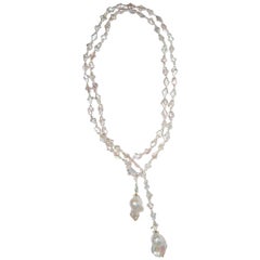 Used Gabrielle Sanchez Pearl Lariat with White Topaz & Baroque Pearl Dangles